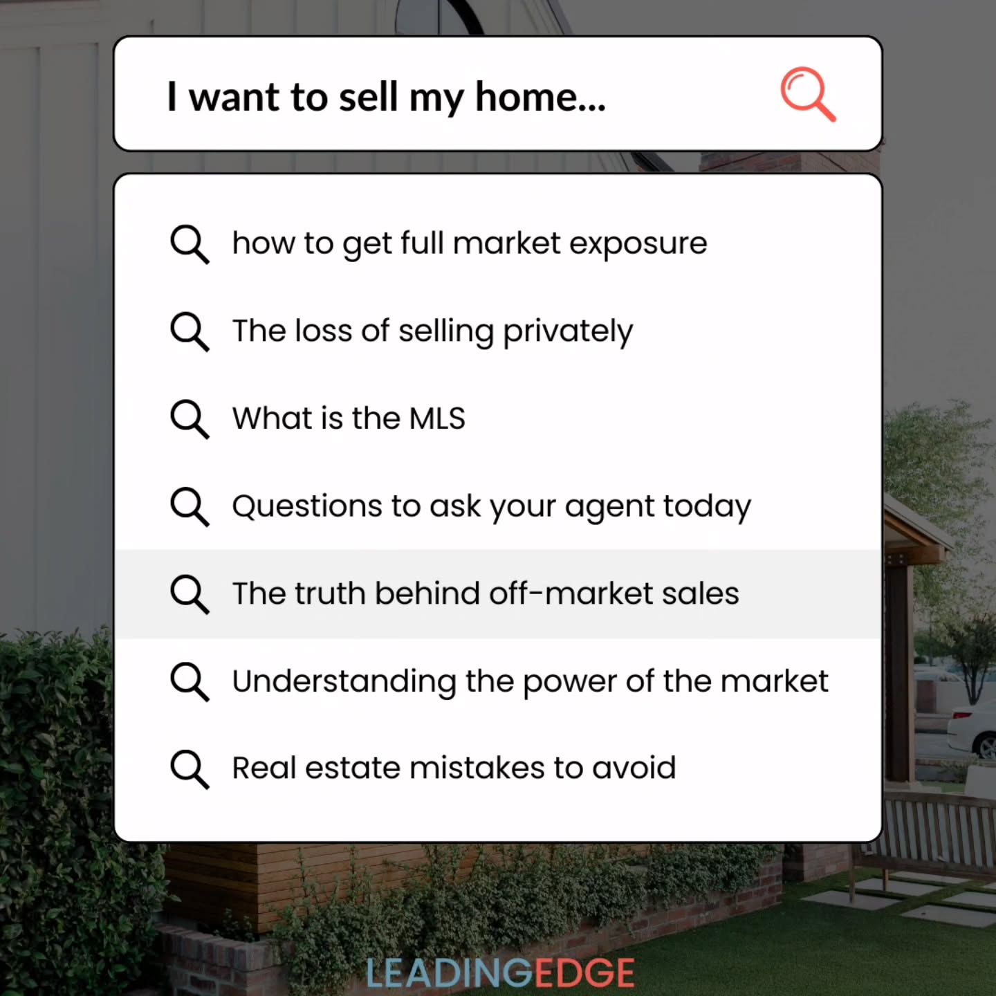 What The Leading Edge Promise
Your REALTOR® shouldn't let you sell off-market any more than a friend would let you drive blindfolded. We believe in maximum exposure because competition drives maximum value.
Studies prove it. Your wallet will thank you for it. Want a REALTOR® who acts like your best financial advisor? We welcome your questions about this critical issue.
#virginiatoddrealtor