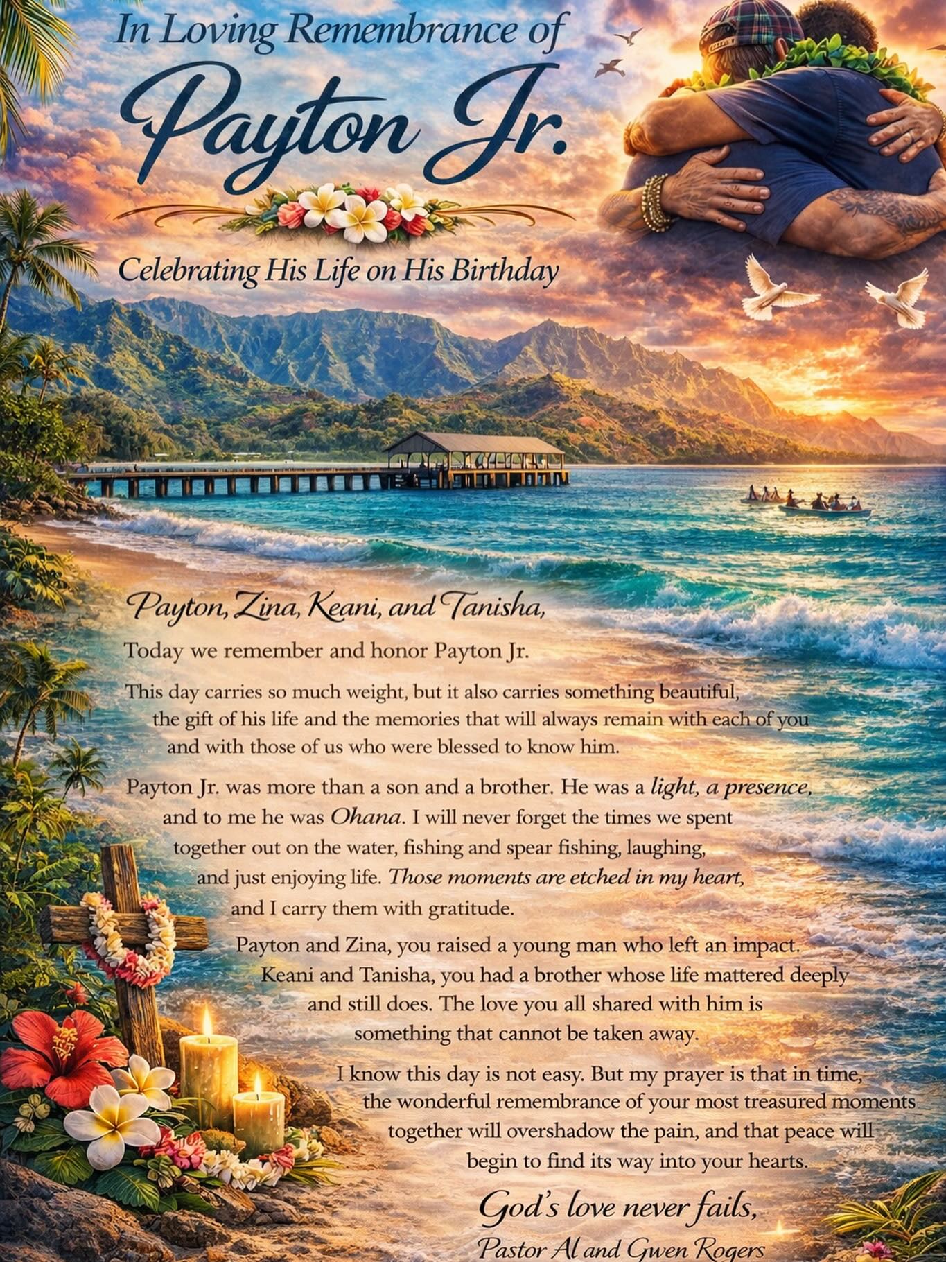 A beautiful letter of remembrance written by Pastor Al Rogers to our family about Payton Makana on his 35th birthday. Pastor Al and his wife Gwen loved Payton so dearly as his Hanai Uncle and Aunty- always praying for him, checking in on him, and visiting him on Oahu when they could. We are so thankful for the Rogers Ohana whose passion to see #justice4paytonmakana is just as strong as ours. We are so thankful to have them stand with us as we share Payton’s story and seek justice and mental health reform. 💕