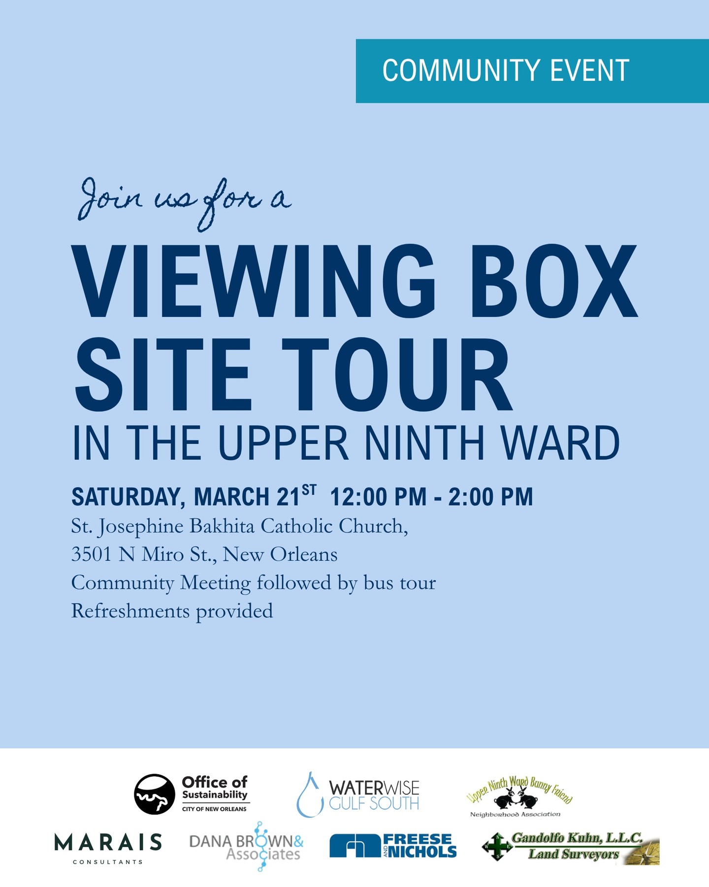 Join us this afternoon for a tour of potential project sites in the Upper Ninth Ward! If you can't make it today, your can check it out by following the site tour link in our bio.
Thanks to our project partners:
@bunnyfriendneighborhoodassoc
@waterwisegulfsouth
@resilient_nola
Landscape Architect: @danabrownassociates
Drainage Modeling: @freesenichols
Survey: Gandolfo Kuhn