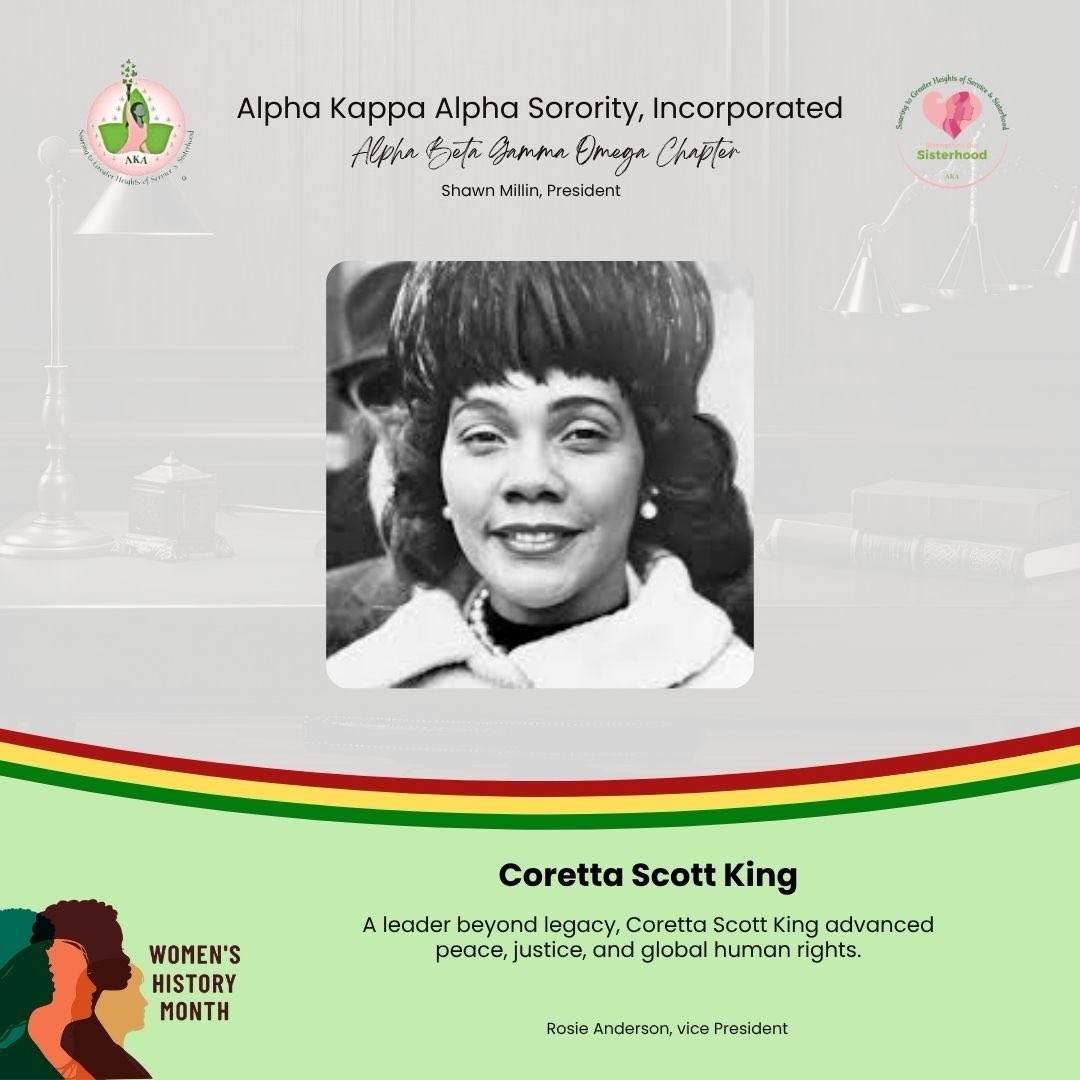 Women’s History Month Spotlight🌸
Today we honor the legacy and leadership of Coretta Scott King.
A powerful force in the Civil Rights Movement, Coretta Scott King was more than a partner she was a leader in her own right, advancing justice, equality, and peace long after her husband’s legacy. She championed human rights globally and founded the King Center to continue the work of nonviolent social change.
Her unwavering commitment reminds us that true leadership is rooted in courage, compassion, and purpose.
✨ Advocate. Leader. Legacy.
#WomensHistoryMonth #AKA1908 #BlackExcellence #WomenInLeadership #CorettaScottKing