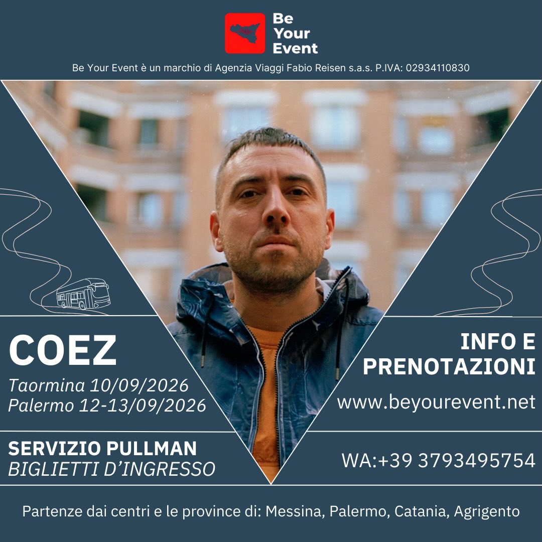 Coez torna in Sicilia con tre nuove date, partenze disponibili per ognuna! ❤️🥰
www.beyourevent.net
+39 3793495754
#sicilia #coez #concerto #bus
