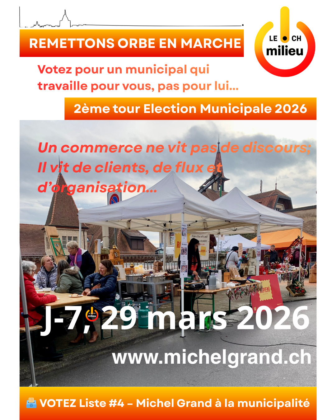 Faire vivre les commerces locaux, ce n’est pas un slogan.
C’est un travail de fond.
Un commerce, ça ne fonctionne pas par hasard.
Ça dépend de :
👉 l’accessibilité
👉 l’attractivité de la ville
👉 la cohérence des décisions communales
👉 la collaboration entre acteurs
Dans ma carrière, j’ai géré des entreprises, développé des activités et créé de la valeur.
Je sais ce que cela demande :
de la rigueur, de la vision et des décisions concrètes.
À Orbe, il ne suffit pas de dire “soutenons les commerces”.
👉 Il faut créer les conditions pour qu’ils fonctionnent vraiment.
C’est cette approche que je veux apporter à la Municipalité.
Assez des discours.
Place à l’action.
🗳️ VOTEZ Michel Grand à la Municipalité d’Orbe le 29 mars 2026.
Je ne me présente pas pour défendre un appareil, mais pour défendre Orbe. Mon engagement est clair : travailler avec toutes les forces politiques quand c’est utile à la ville, refuser les postures et privilégier les résultats.
#michelgrand #orbe #orbe2026 #MunicipalitéOrbe #ElectionsCommunales #PolitiqueLocale #OrbeEnMarche #Changement #Engagement #Leadership #entrepreneuriat #expérience #citoyensengagés #avenirorbe #remettonsorbeenmarche