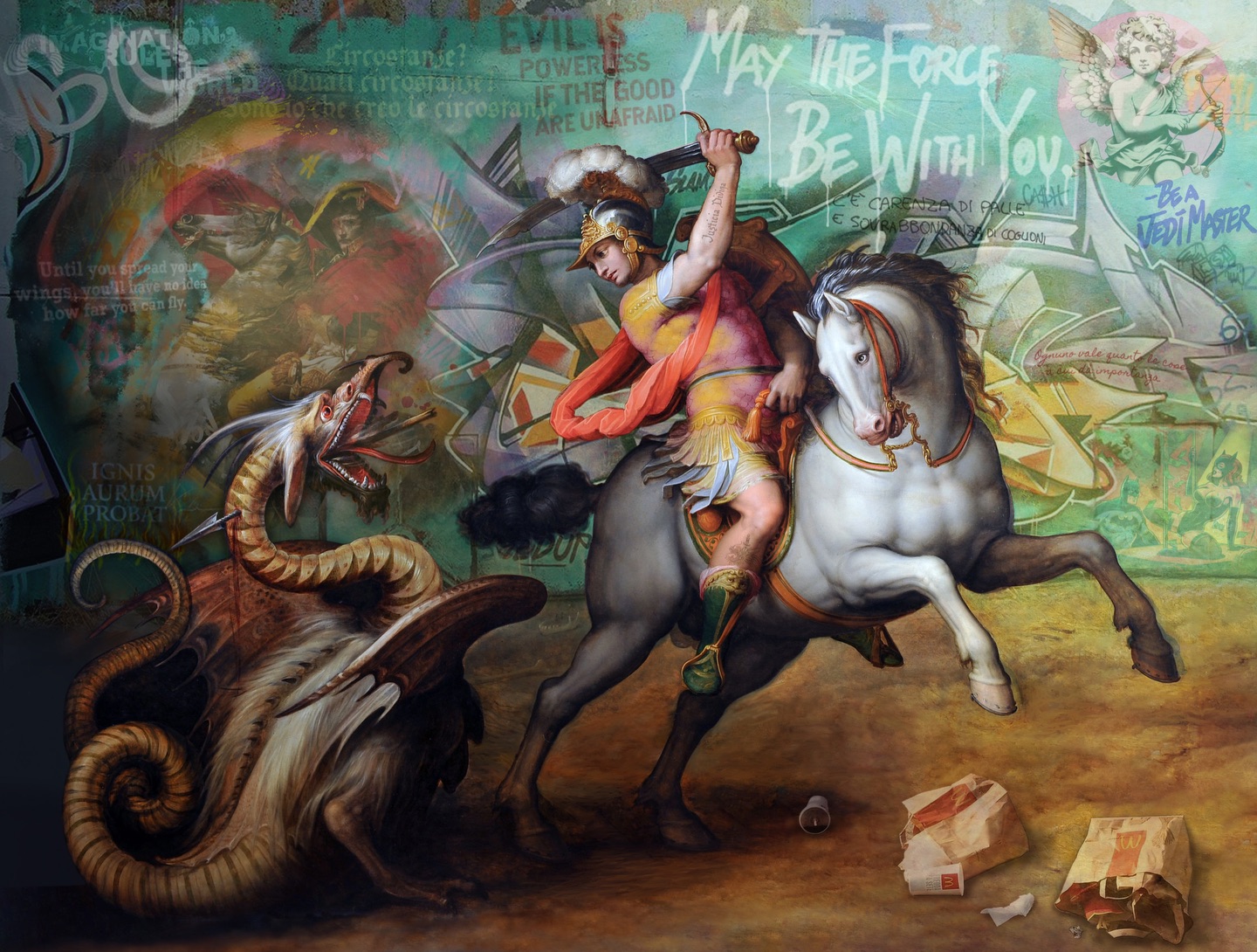 IGNIS AURUM PROBAT by Marco Battaglini
A new mythology is being written.
In Ignis aurum probat, Marco Battaglini reimagines the eternal battle between light and darkness through the language of our time. A classical hero rises again - not in a distant past, but within the visual chaos of the present: graffiti, slogans, fragments of collective memory.
The ancient myth is no longer fixed.
It mutates. It absorbs. It speaks.
Fire tests gold - but today, what tests us?
Is the monster outside… or within the narratives we consume every day?
Battaglini’s ArtPopClassic transforms history into a living battlefield, where Saint George becomes a contemporary icon, and the dragon embodies the fears, illusions, and contradictions of modern culture.
Myth is not gone.
It has simply changed language.
What is your dragon today?
#NewMythology #ArtPopClassic #marcobattaglini