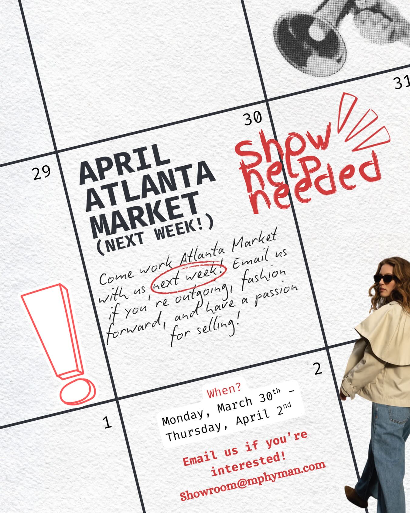 We’re back baby, and we’re looking for some gals to come help work Atlanta Market with us next week! 🗓️
If you’re outgoing, energetic, and have a passion for fashion, shoot us an email with your resume!🤍 See you so soon!
💌: Showroom@mphyman.com