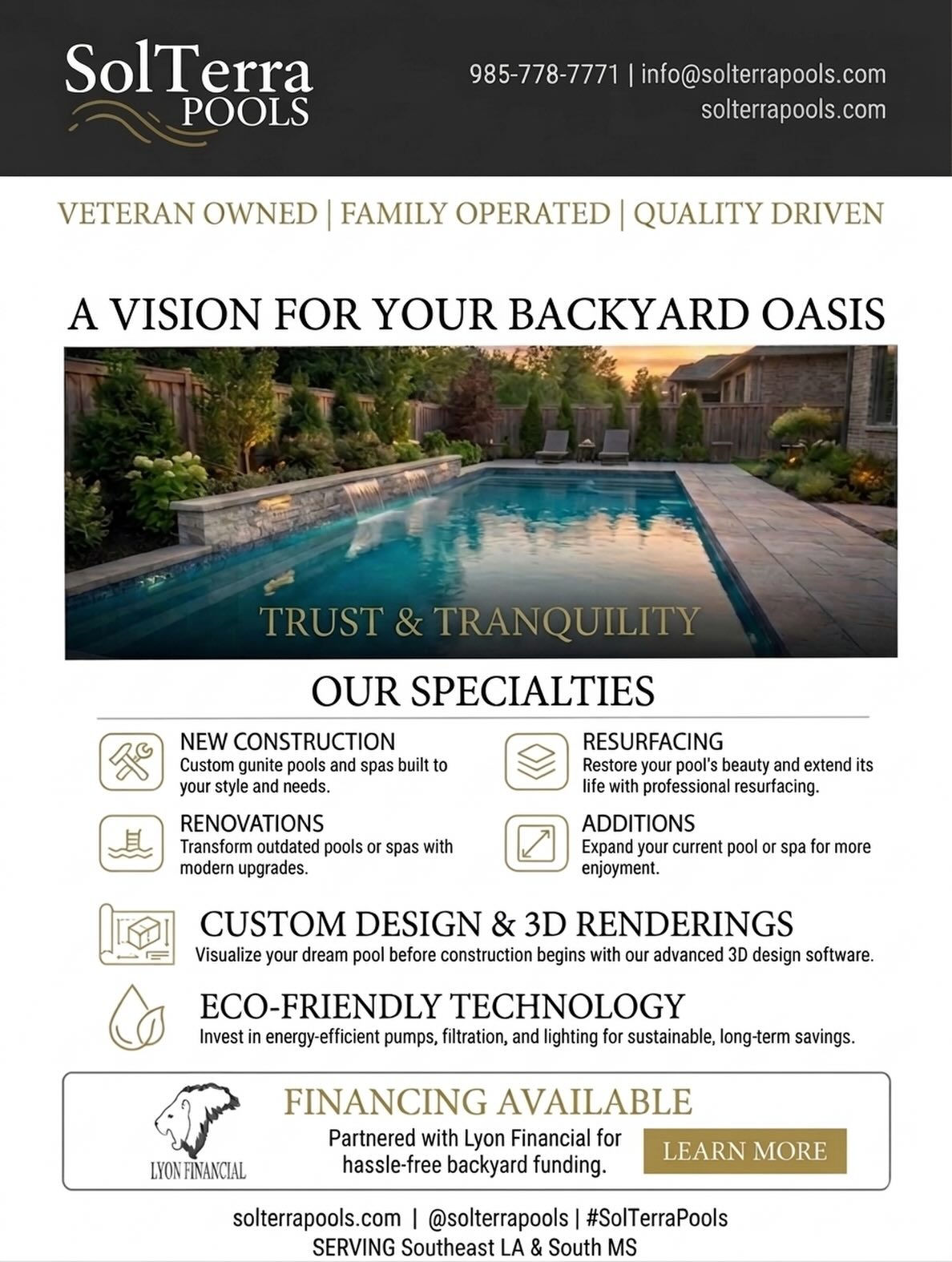 Built with precision. Designed to last. 🇺🇸✨
Custom new builds and luxury renovations, crafted with precision and a commitment to quality.
✅ Custom Design & 3D Renderings
✅ Premium Jandy Equipment
✅ Financing Available
📍 Southeast Louisiana & South Mississippi
🔗 solterrapools.com