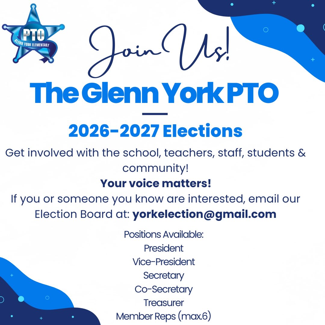 Its GYE PTO Election season! Have you wanted to take on a bigger role within the GYE Community? How about planning events and being able to contribute new ideas? Come and join our board and make a difference!
Email yorkelection@gmail.com for interests. Elections will be held April 21st at the general PTO meeting in the GYE Cafeteria.