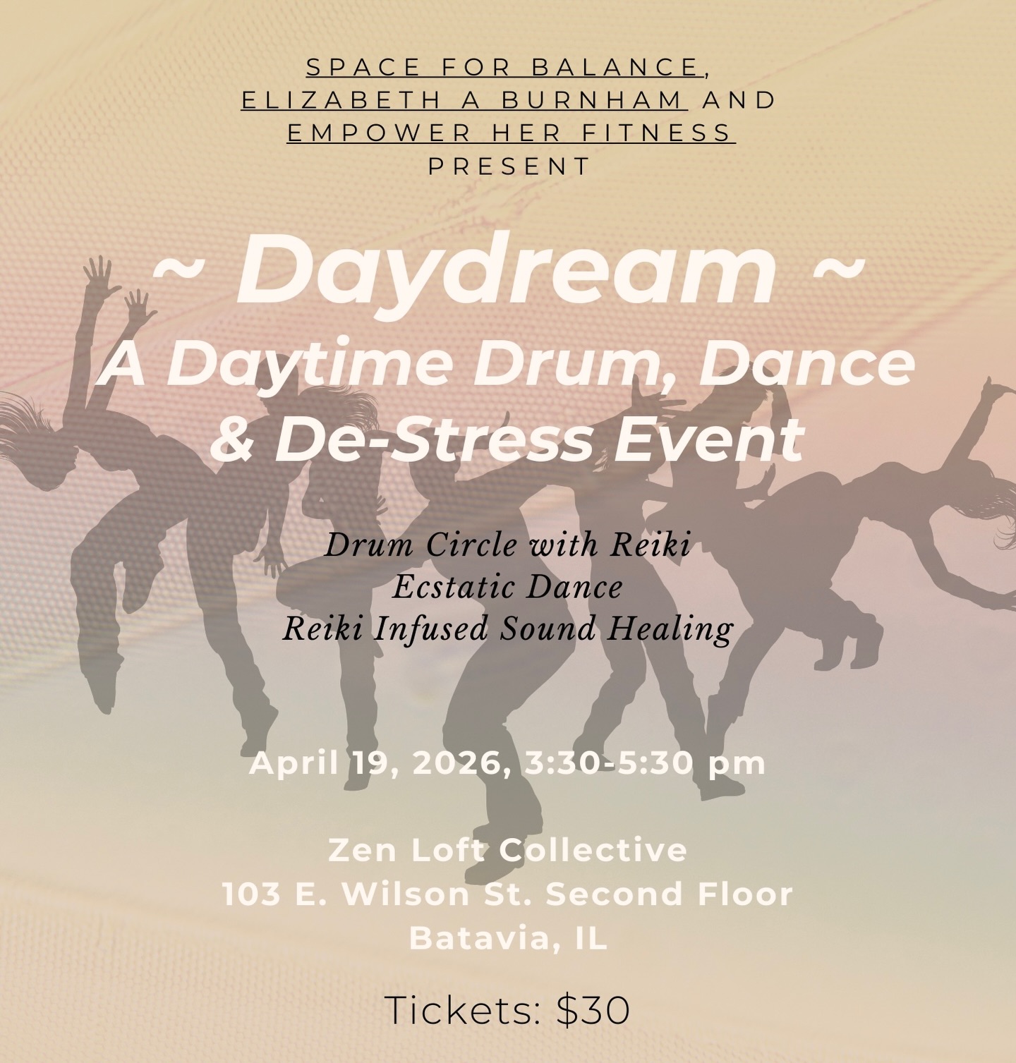 DayDream is back in April and we are so excited to gather again. ✨
Join us for a fun, relaxed afternoon of movement, music, and community. This is a space to unwind, play, and reconnect with yourself and others in a really easy, supportive way.
April 19, 2026
3:30-5:30 PM
Zen Loft Collective in Batavia
What we will be doing:
🪘A group drum circle with Reiki
💃🏼Ecstatic dance where you move however your body wants
😌A calming sound healing with Reiki to close
No drum or dance experience needed. No pressure to do anything a certain way. You can move, rest, sit, or just take it all in. This is about feeling good in your body and enjoying being together.
If you are craving connection, stress relief, or just something different and fun to do, this is for you.
Link to sign up is in my bio.
Hosted by: @samofspaceforbalance @zenloftcollective @elizabethaburnham
#ecstaticdance #drumcircle #reikihealing #somatichealing #batavia
