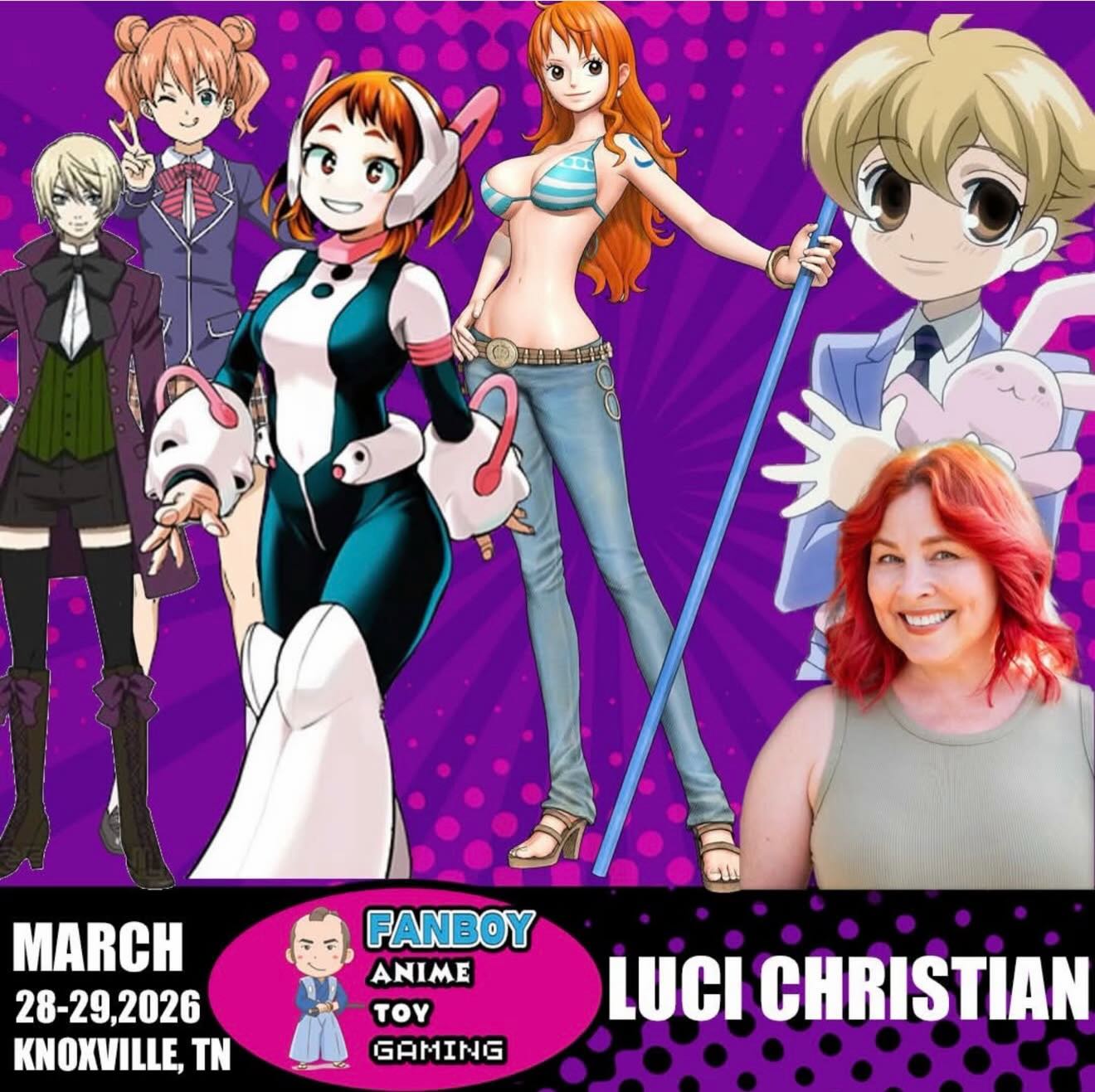 Hey, Knoxville! I’ll be at @fanboy_expo next weekend, hope to see you! #onepiece #ouranhighschoolhostclub #myheroacademia #roosterfighter #danmachi