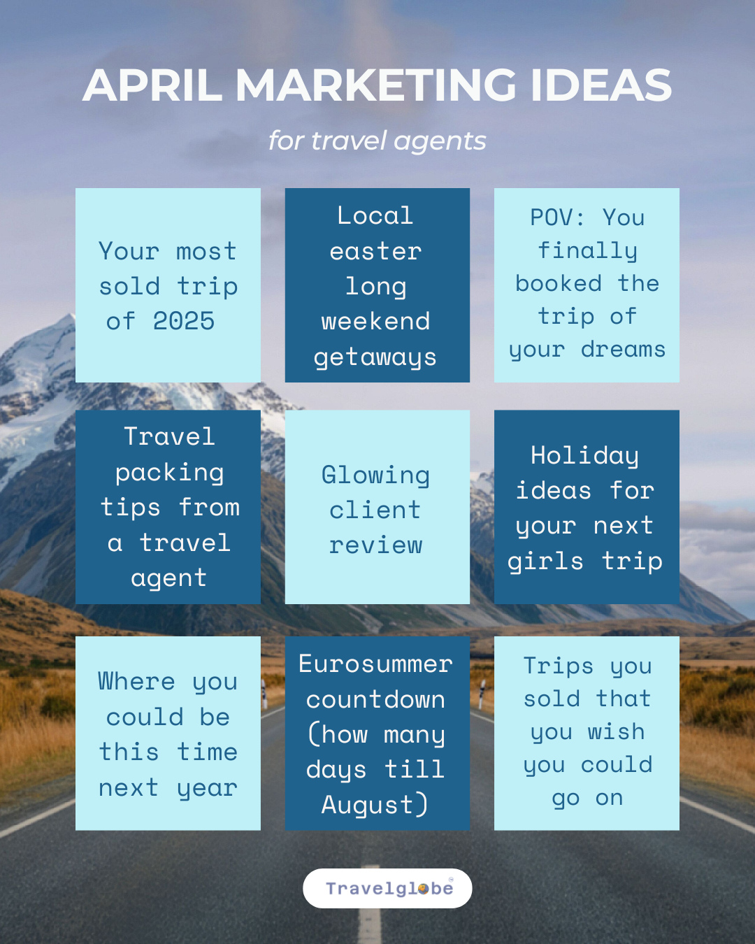 Save this post for when you're in need of some marketing ideas!
At Travelglobe, we offer our agents marketing support so their travel businesses can thrive. Interested in chatting to us about becoming an independent travel agent with Travelglobe? Click our link in bio to get more info
#socialmedia #digitalmarketing #branding #business #marketingtips