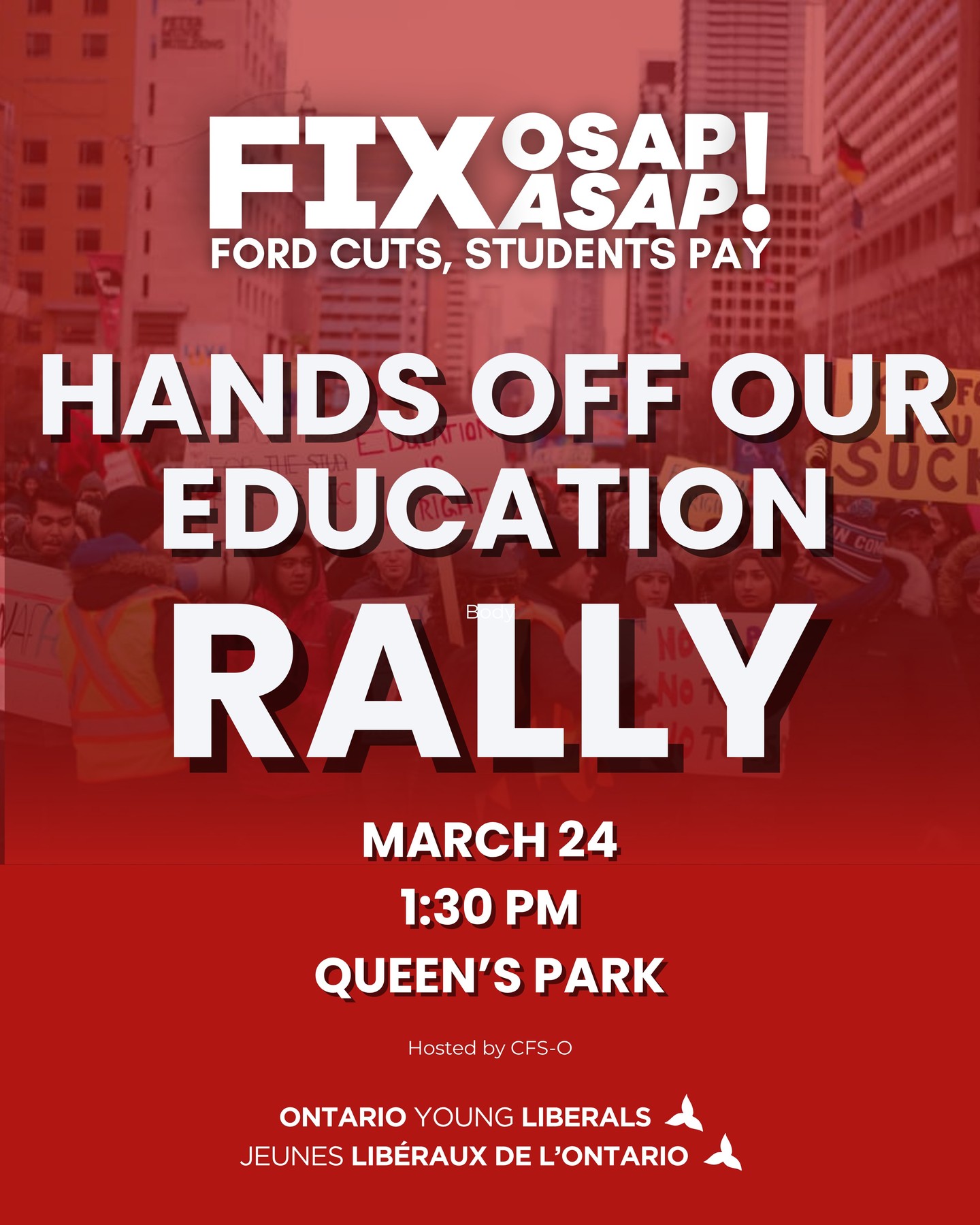 Students deserve better than deeper debt.
We’re rallying again at Queen’s Park alongside @CFSO to defend accessible education and demand action on OSAP. Students shouldn’t be pushed deeper into debt just to earn a degree.
Education is a right. Not a debt sentence.
#FixOSAPASAP #onpoli #osap
//
Les étudiants méritent mieux qu’une dette grandissante.
Nous serons de nouveau à Queen’s Park aux côtés de @CFSO pour défendre l’accessibilité aux études et exiger des correctifs au RAFEO. Les étudiants ne devraient pas s’endetter davantage pour obtenir un diplôme.
L’éducation est un droit. Pas une condamnation à la dette.
#FixOSAPASAP #onpoli #osap