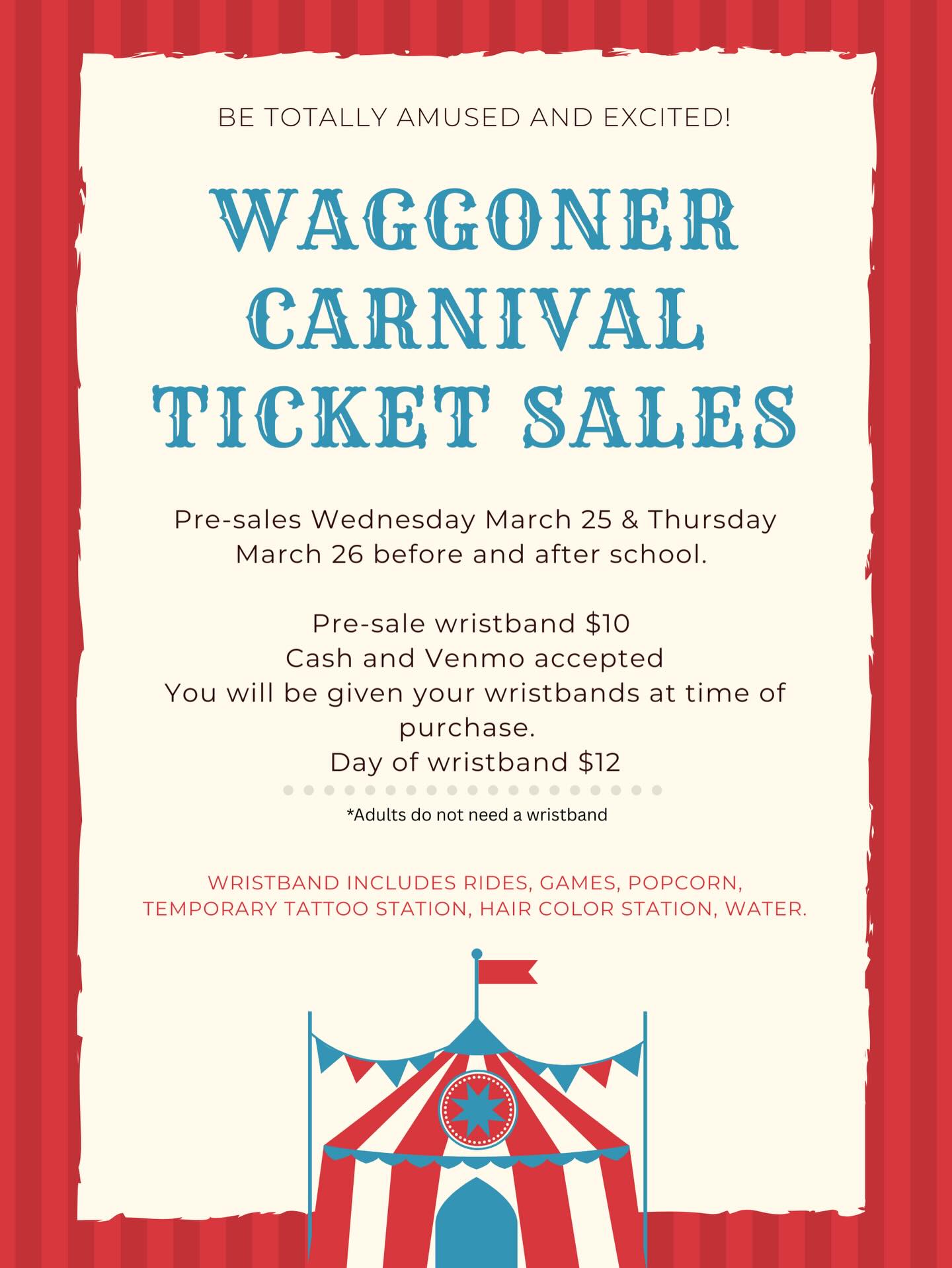Get your wristband early for the pre-sale price and so you’re ready to go on Friday for some carnival fun!
Before and after school Wednesday and Thursday this week :)