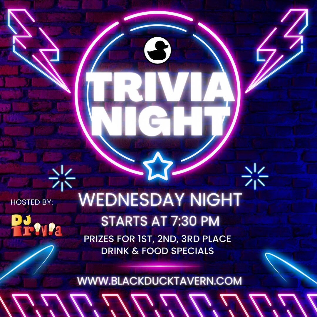 Wednesday Night Trivia!
Hosted by @djtriviari
From 7:30-9pm!
#trivia #wednesday #eastprovidenceri #blackduck