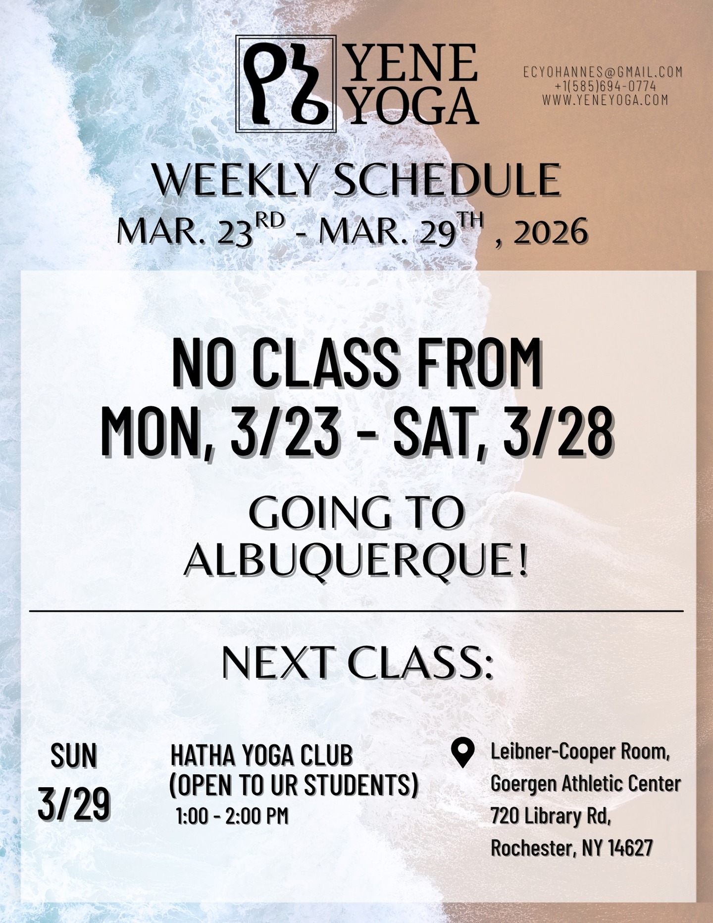 This week's Yene Yoga newsletter is now live! For musings on the Vernal Equinox and for some recent memories, read below:
https://www.yeneyoga.com/so/b2PqLpQxy?languageTag=en
📢IMPORTANT ANNOUNCEMENT
Regularly scheduled classes and private sessions have been canceled this week while I visit my brother in Albuquerque, New Mexico! Please feel free to reach out for scheduling inquiries or consultation.
Next public session:
☀️Sunday 03/15
🌵Hatha Yoga Club (Available for UR Undergraduate Students)*
1:00 - 2:00 PM EST
University of Rochester
Leibner-Cooper Room, Goergen Athletic Center
720 Library Rd, Rochester, NY 14611
Free for UR Students. Sign up at https://ccc.rochester.edu/hathayoga/home/.
#rochesterny #rochesteryoga #free #students
