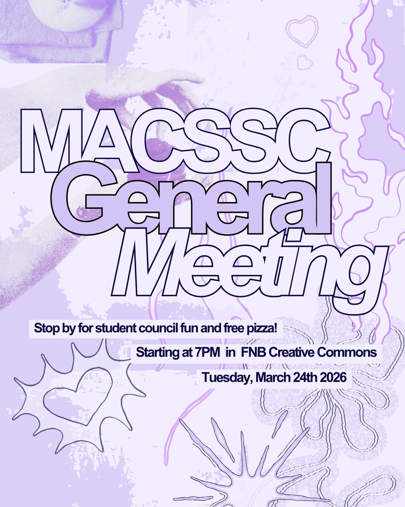 MACSSC General Meeting! Make sure to stop by as you’ll have the opportunity to learn about council updates and connect with likeminded Macs students! 💜
🗓 Tuesday, March 24
⏰ 7 PM
📍 Creative Commons
Pizza provided… see you there!