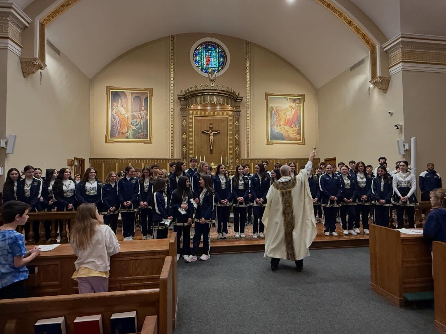So much gratitude goes out to everyone who helped make yesterday unforgettable for our Crusaders! 💙🏀
We began the day with a beautiful Mass and special blessing from Msgr. VanLoon, followed by a high energy pep rally at our main campus. We were honored to be joined by Senator Marty Flynn, Representative Kyle Mullins, and Representative Bridget Kosierowski, who showed their support for our student athletes.
Thank you to our amazing booster club for providing breakfast for the teams, and to our entire school community for coming together to give our players an incredible send off. Your prayers, cheers, and support mean everything as our Crusaders head to the state championship. Let’s go, Crusaders! 🙌💙🏀