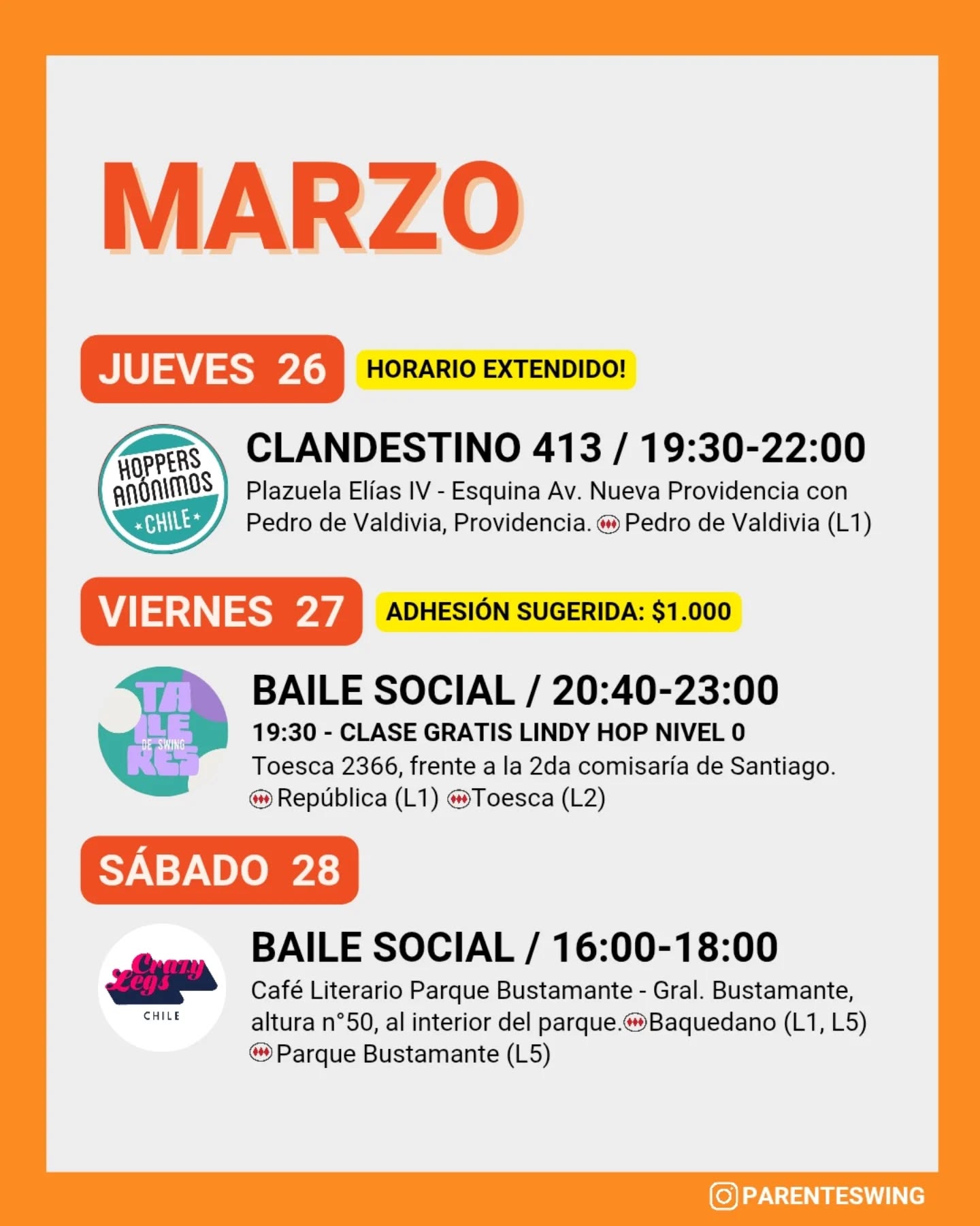 ✨Todos los eventos son gratuitos y abiertos a todo público, a menos que se indique valor de entrada 💸
‼️Cualquier modificación o nuevo evento en los comentarios de esta publicación 👇🏻 y/o por historias 👆🏻
🤔 Qué es un Clandestino o Baile Social?
Una instancia donde fanáticos de los bailes swing (Lindy hop, Balboa, Shag, Solo jazz) se reunen a compartir, hacer comunidad y a la vez, practicar.
❌ Las actividades publicadas NO son instancias de clases para aprender a bailar, a menos que se indique “Clase Abierta/Gratis”.
👀 Quieres aprender a bailar?
En nuestra historia destacada “CLASES” encuentras los formularios de inscripción con toda la información a los distintos cursos del mes de las escuelas de bailes swing ✨
Nos vemos en la pista! 💃🏻🕺🏻🔥
#lindyhopchile #swingchile #panoramasgratis #swingdancechile #swingdancingchile