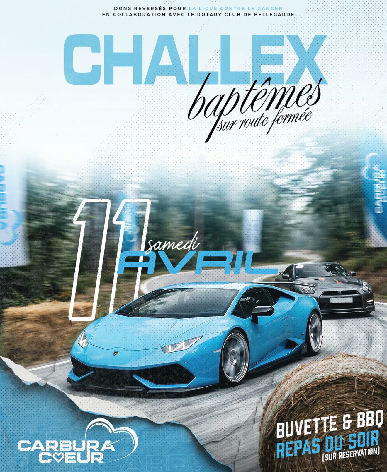 𝗖𝗮𝗿𝗯𝘂𝗿𝗮𝗰œ𝘂𝗿 𝗮𝗿𝗿𝗶𝘃𝗲 à 𝗖𝗵𝗮𝗹𝗹𝗲𝘅 ! 🚗🔥
Le 11 avril, on vous donne rendez-vous pour une journée conviviale au cœur de la passion automobile.
Dans un cadre en pleine campagne, venez découvrir une version plus intimiste de l’esprit du festival Carburacœur.
Au programme : baptêmes automobiles sur route fermée, exposition de véhicules, animations, espace jeux pour les enfants et restauration sur place le midi
👉 𝗟’é𝘃é𝗻𝗲𝗺𝗲𝗻𝘁 𝗲𝘀𝘁 𝗼𝘂𝘃𝗲𝗿𝘁 à 𝘁𝗼𝘂𝘀 𝗲𝗻 𝗮𝗰𝗰è𝘀 𝗹𝗶𝗯𝗿𝗲 𝘁𝗼𝘂𝘁𝗲 𝗹𝗮 𝗷𝗼𝘂𝗿𝗻é𝗲
Et pour celles et ceux qui souhaitent prolonger l’expérience, un dîner convivial est organisé en fin de journée
Un moment privilégié pour échanger avec les pilotes, bénévoles et passionnés.
⚠️ Les places sont limitées pour le 𝗿𝗲𝗽𝗮𝘀 𝗱𝘂 𝘀𝗼𝗶𝗿, la réservation est donc obligatoire.
Menu à 30€ pour les adultes / 15€ pour les enfants
Cet événement, organisé avec le Rotary Club, permettra de soutenir la Ligue contre le cancer ainsi que les actions de Carburacœur 🩵
📅 11 avril
📍 Challex
👉 Réservation du dîner via le lien en bio