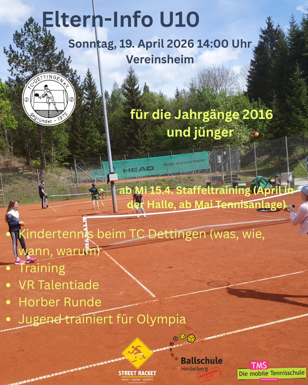 Informationen für Eltern und Kids der Jahrgänge 2016 und jünger in der SPG Dettingen/Glatt. Sonntag, 19.April 2026 im Tennisheim. Auch für die Kinder und Eltern aus dem TV Glatt. #tms_tennis #tennisvereinglatt #tcdettingen #vrtalentiade #jtfo