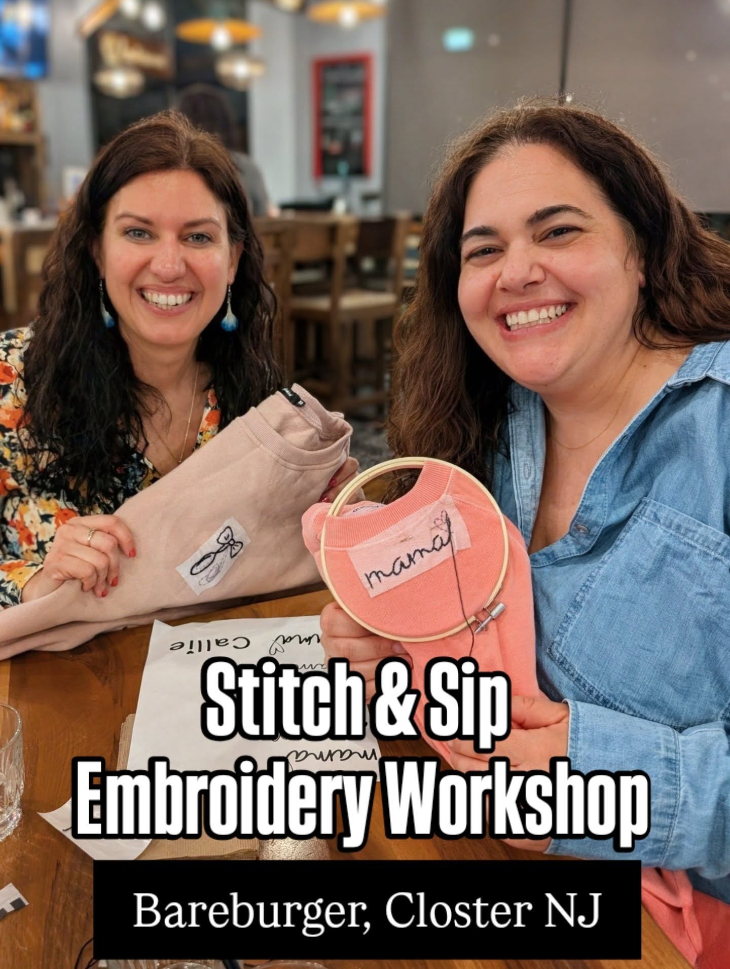 Back at @bareburger_newjersey (Closter this time) with our new braided stitch 🪡🍸
This group was such a good one… mothers and daughters, sister-in-laws, and friends celebrating birthdays, plus lots of familiar faces coming back to learn a new stitch alongside first-timers.
The kind of night that blends creativity, connection, and a little celebration.
Huge thank you to Bareburger for always supporting small businesses like ours. Also… writing this is making me want their chicken tenders again 😏 Definitely check out their locations across NJ!
Join us at the next workshop or book your own at embroiderybabes.com
#bergencountynj #stitchandsip #girlsnightnj #njworkshops #thingstodonj