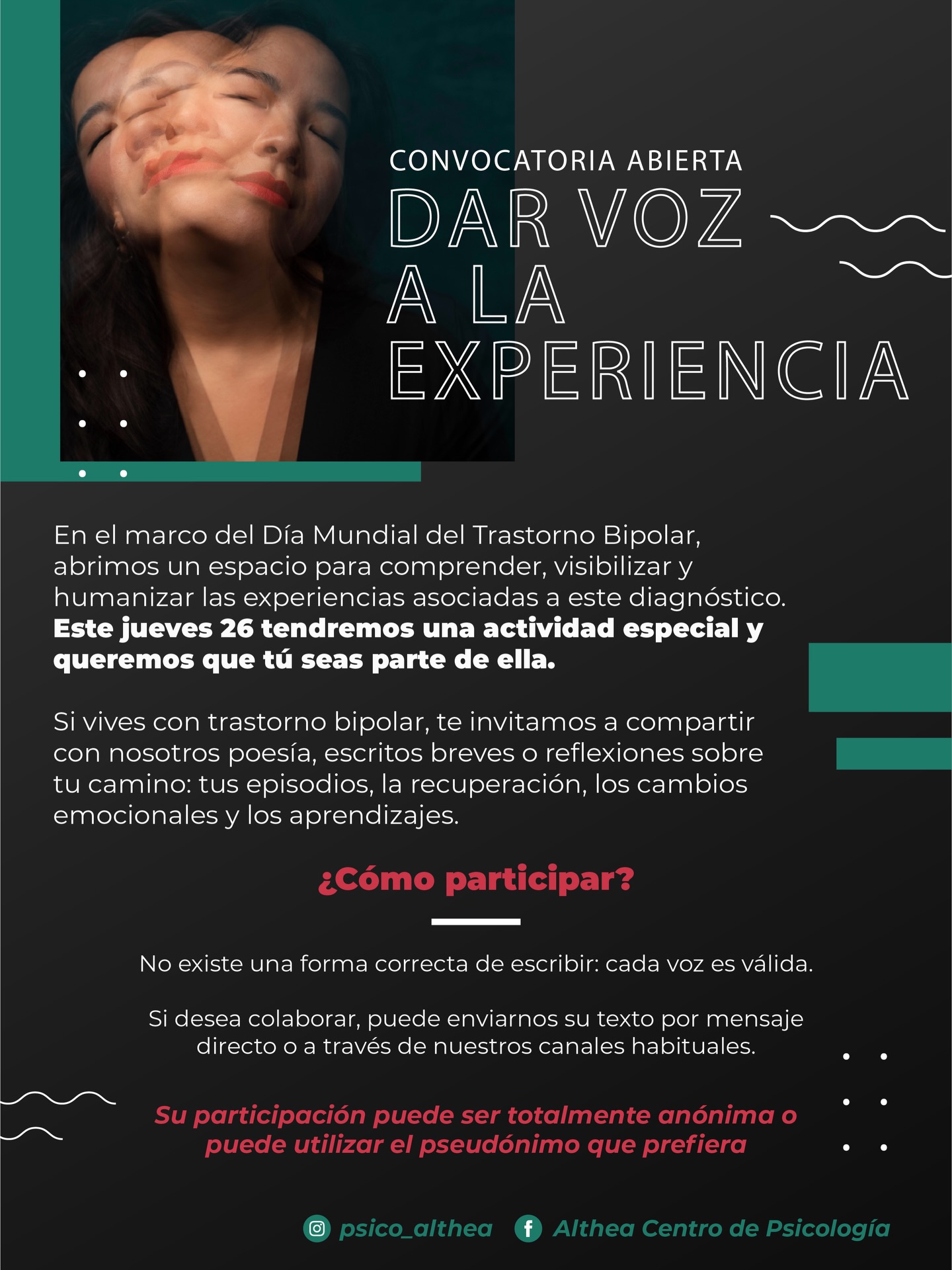 Te invitamos a compartir tu historia a través de palabras: poesía, reflexiones o escritos breves sobre tu camino, tus episodios, aprendizajes y procesos de recuperación.
📩 Puedes enviarnos tu texto por mensaje directo. Tu participación puede ser anónima o con el seudónimo que prefieras.
No existe una forma “correcta” de escribir. Cada voz es única, cada experiencia importa.