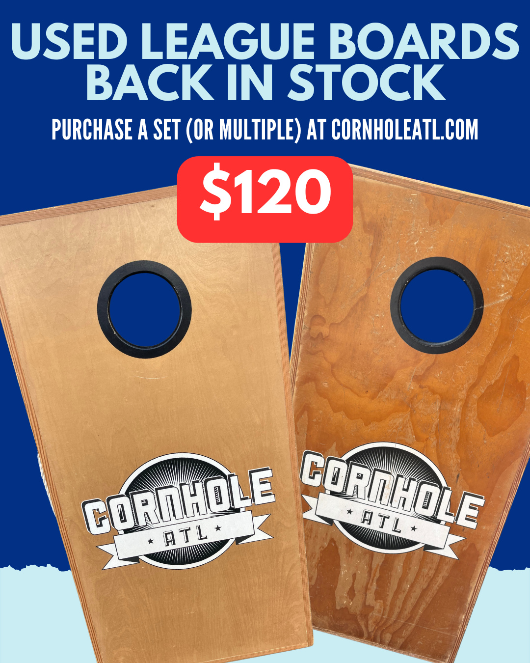 Our used league boards need a new home! Buy a set (or multiple) at CornholeATL.com.
