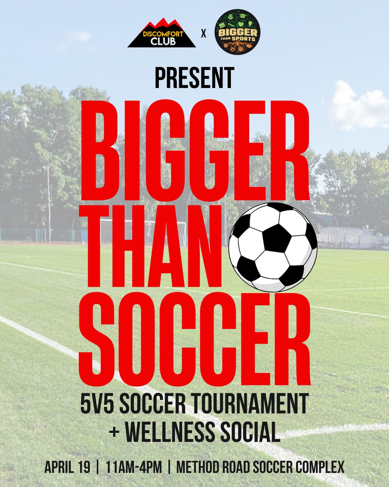 Registration for the Bigger Than Sports Soccer Tournament and Wellness Social in Raleigh NC is now live! โฝ๏ธ๐
Join us on Sunday April 19th from 9 AM - 4 PM at Method Road Soccer Complex for a day of competition, wellness events, local food, and live music ๐ฎ๐งโโ๏ธ๐ธ
If you would like to play in the 5 v 5 tournament , you can create a team using the link in our bio! The cost is $10 per player.
If you would like to attend the event for local food, live music, and good vibes you can get a ticket using the same link in our bio.
This is a charity tournament and 100% of proceeds go to Bigger Than Sports a non profit organization providing mentorship to high school student athletes to create a compelling path after graduation.
If you are interested in donating or volunteering your time during the event leave a comment or send us a DM!
#ncsu #ncstate #raleigh #raleighnc #biggerthansports