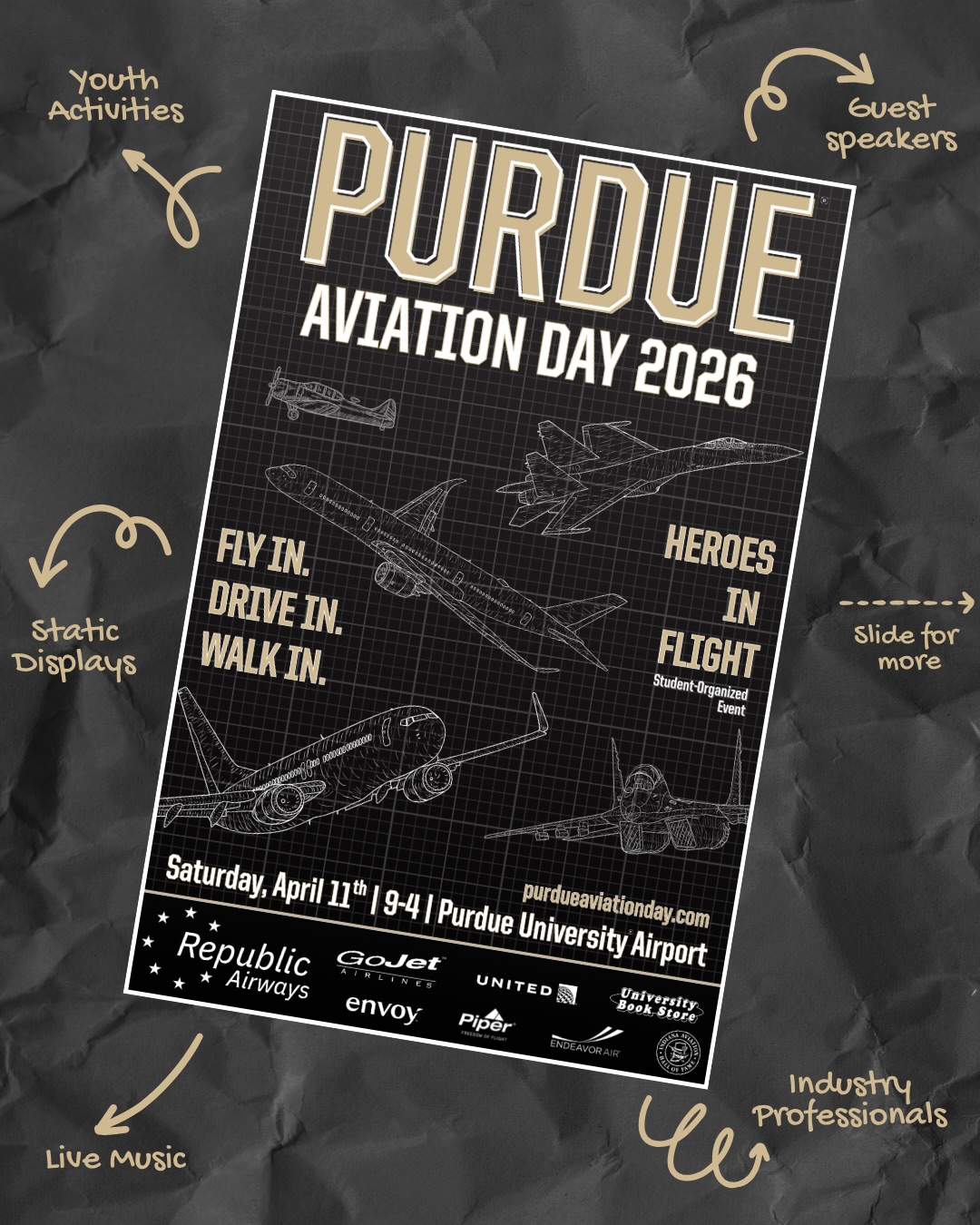 Spread the word: The greatest spectacle in collegiate aviation is on April 11th, 2026!
We can’t wait to see you there. ✈️
ー
purdueaviationday.com