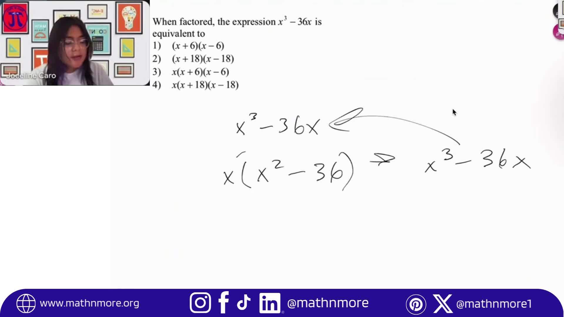 Quick factor check 🔢
x³ – 36x → Factor out x → x(x² – 36)
Recognize squares → x(x + 6)(x – 6)
Answer locked in ✅
#WhatsTheAnswerWednesday #MathNMore #MathIsLife #Algebra #Factoring