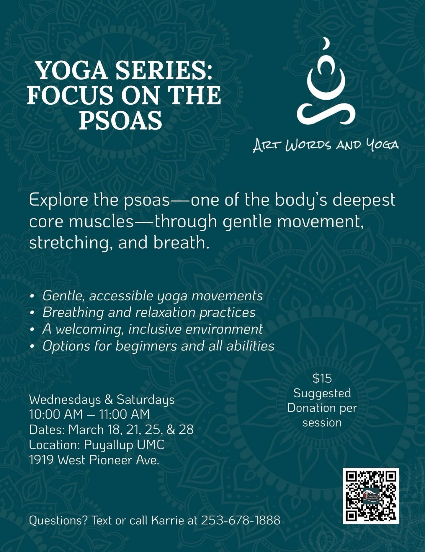 It’s a little ironic that I set up a series on the psoas—that long muscle that connects our mid-spine to the tops of our legs—and then my low back went out last weekend.
Maybe some part of me could see the future?
❤ The psoas is often shortened by the two big S’s of our modern life: Stress & Sitting. This causes the muscles around it to have all kinds of tantrums. Stress & Sitting are things I’ve had in abundance lately.
While preparing for these classes, I decided that it’s the perfect time to demonstrate how to modify poses and listen to my body while practicing.
Today and next week we’ll do a long slow pranayama, or breathing practice, with gentle movements that allow the psoas to lengthen and relax before doing a few strengthening exercises for the muscles that support the psoas like the glutes.
If you sit a lot or if you are stressed we’d love to have you join us. You’ll be in good company.🌼