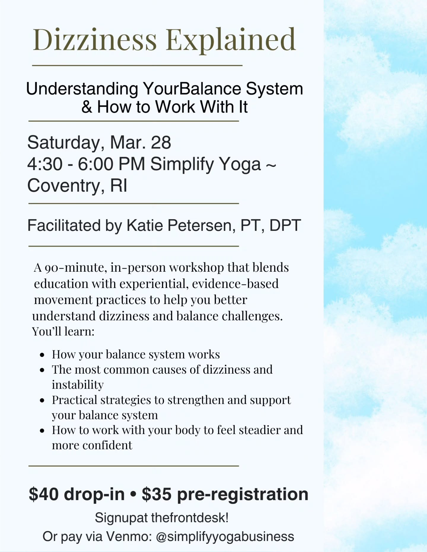 Coming up this weekend not one but two events!
Sign up online any time before Katie's event this Saturday and save.
Pop up Vinyasa with Sara is drop in or class card!
#simplifyoga #yogaevent #riyoga #coventryri