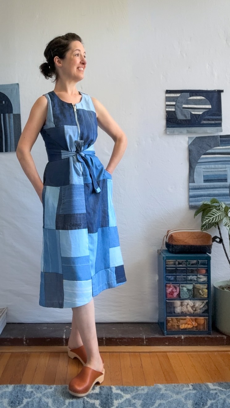 I forgot! I said I was going to reshare my favorite dress made from scraps of… nonsense 😅. After my recent dress-ploration (🤷🏻♀️) with scraps of knits, I wanted to share this project again because it’s probably my favorite I’ve made with questionable scraps.
I made this dress from a ton of denim headers (headers = denim mill samples) that were mostly poly, some Tencel, a bit of cotton and super lightweight. Basically fabric I wouldn’t wear as pants if you paid me a million dollars.
But their weight and drape were perfect for a dress, where heavier-weight cotton would have that movement. So I used my @berninausa L890 overlock to flatlock all the scraps together and then followed this vintage Butterick pattern.
This was definitely not a 1 day project, but I love this dress and the fact that I made something beautiful out of fabric I normally wouldn’t like. Sometimes working with materials you don’t like, you can learn something totally new.