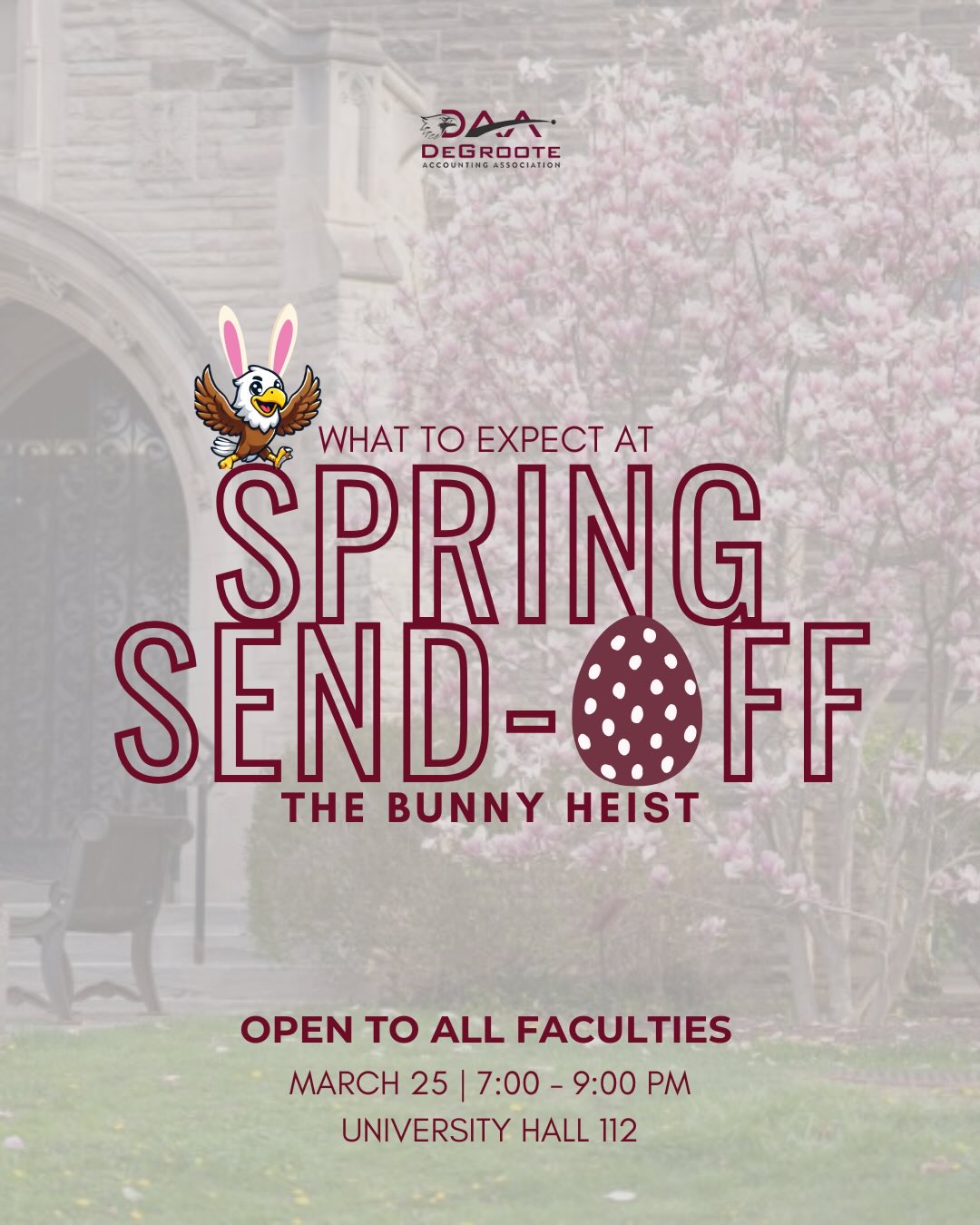 What to expect at Spring Send-Off: The Bunny Heist
Get ready for a night full of fun including painting, board games, egg hunt, food & snacks, and prizes!
Don’t miss out on our final event of the year, sign up now through the link in our bio!