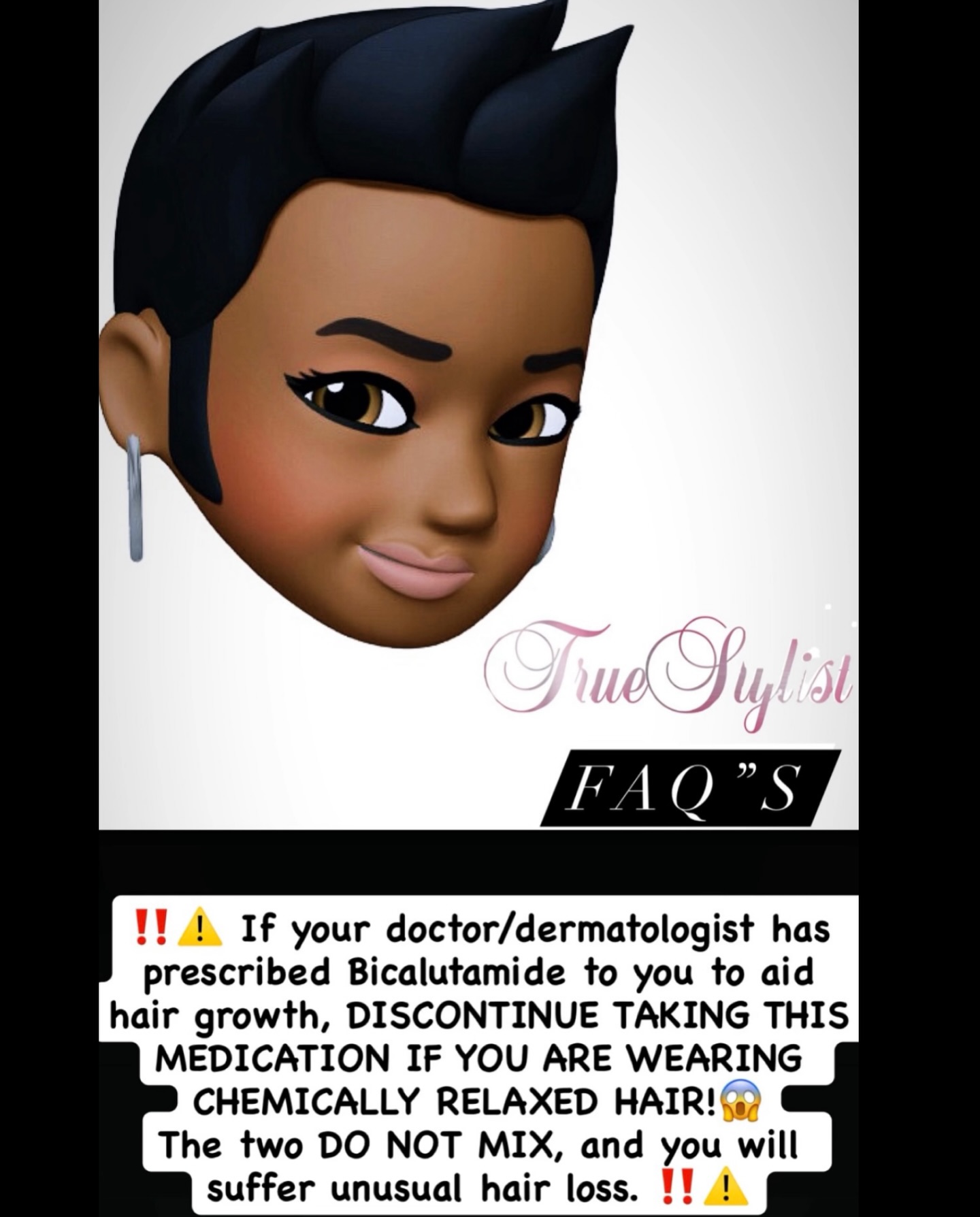 **Always know what is going on in your own body before putting anything in it, including prescription meds. Also educate yourself on what the adverse effects of any meds will be. I AM ALWAYS READING!! It’s one of my fave things to do… Education pays!
**Far too often, hairstylists and/or the products used catch the blame for occurrences with the hair and scalp that could have been eliminated altogether just by having the right bit of information; some of which can be discovered in a 15 minute or less client consultation. Most times the true culprit isn’t some type of negligence on the part of the hairstylist. 🤷🏽♀️
Certain medications do not mesh well with certain salon services (namely chemical). Not every doctor/dermatologist (if any) is well versed in the area of Cosmetology, as it isn’t a part of their general studies. I say that to say, there are things that may not get mentioned by your doctor during your visit because it may be uncommon to them.
If you’re noticing weird patterns such as unusual changes in your scalp and hair, it’s okay for YOU to initiate those conversations and questions when you go to your doctor’s appointment. I make it a point to identify and discuss any changes to my clients the minute i notice them, especially clients who visit often as I can monitor them regularly. That’s because I have come to understand there is a root cause for everything going on with their hair.
**I’m not saying cut any meds off, but you should at least know what’s going to or potentially could happen with you if you take them. This keeps you aware of your own body and far away from shifting and/or misplacing blame in the event there is an adverse reaction.
⏳⏳⏳GET YOUR LABWORK DONE!!!
**DISCLAIMER🚨For Educational Purpose Only: Content is provided for general knowledge, not for self-diagnosis. Always consult a qualified health provider for any health condition or concern. 🚨