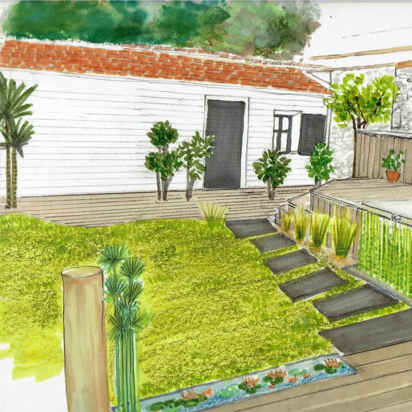 #paysagistelarochelle #jardinurbain #esquisse #jardindesdalles #terrasse
#bassin
Petit jardin centre ville.
Terrasse en bois douglas, bassin avec lame de padouk, pas japonais schiste.
Ŕéalisation 2022.