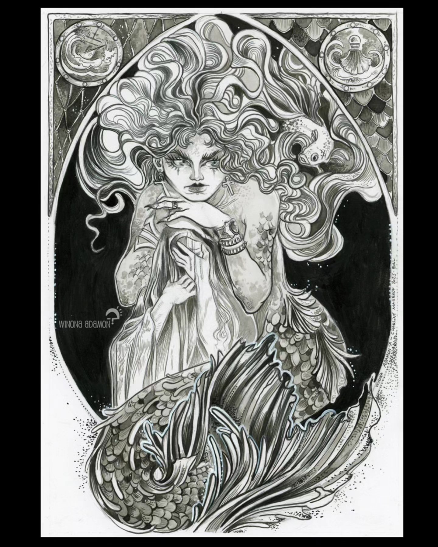 ~*✨️ The Mermaid's Choice / Le Choix de la Sirène ✨️ *~
-
🇫🇷 "Est-ce que cet Humain en vaut la peine ?..."
Et voici ma participation au thème "Goth Mermaid" de mon collectif Star Dust Artist !
-
🇬🇧 ‘Is this Human worth it?...’
And here's my entry for the ‘Goth Mermaid’ theme from my collective Star Dust Artist!
-
21x29,7 cm with white borders/avec marges blanches
Medium/Support: pencil, pen, ink and white acrylic on paper / graphite, feutre, crayon et acrylique sur papier
-
🌟 The auction "Goth Mermaid" of the @stardustartists collective is now open on Facebook !/L'enchère " Sirène Goth" du collectif @stardustartists est en cours sur Facebook ! 🌟https://www.facebook.com/StarDustArtCollective (or in my linktree)
-
🏷️ #traditionalillustration #monochromatic #fantasy #mermaid #siren #littlemermaid #darkart #fantasyartist #spirit #witch #witchyvibes #illustration #contemporarydrawing #illustrationdrawing #art #artwork #frenchartist #artistefrançaise #womenartists #pendrawing #pencildrawing #feutre #petitstraits