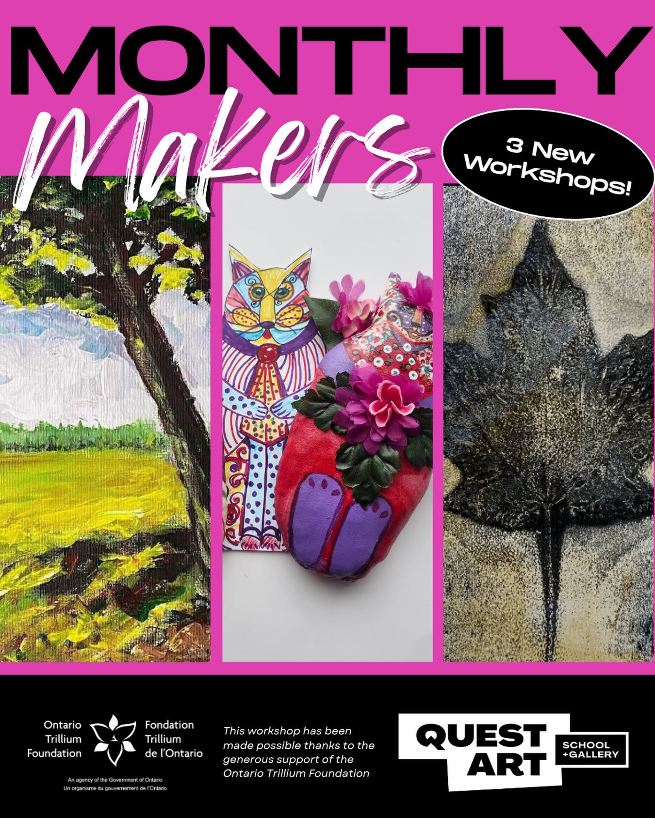 There’s something special about carving out a little time in your week to create… and to do it alongside others.
Monthly Makers is back with three new workshops designed for adults 55+ who are looking to connect, explore, and try something new in a welcoming, relaxed space. Whether you’ve been creating for years or are simply feeling curious, this is a place to show up as you are and leave feeling inspired.
This spring, we’re exploring:
• April 24: Palette Knife Painting with Carolyn M. Boyd
• May 29: Sculpting “Crazy Cats” with Ingi Gould
• June 26: Intro to Printmaking with Florencia VanKooy
Each session is thoughtfully guided, hands-on, and open to all skill levels.
Spots are limited and tend to fill quickly, so don’t wait! Register today at the link in our bio or on our website at https://www.questart.ca/monthly-makers. We can’t wait to create with you!
This program is made possible through the generous support of the Ontario Trillium Foundation.