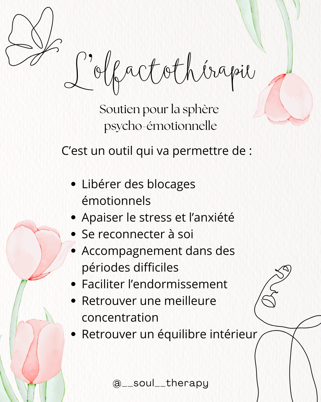 🌿 Et si ton nez devenait un outil de bien-être ?
L’olfactothérapie utilise les odeurs (souvent des huiles essentielles) pour agir directement sur tes émotions… et parfois même révéler ce qui est enfoui.
✨ Ses bienfaits :
• Apaise le stress et l’anxiété
• Améliore l’humeur
• Favorise le sommeil
• Aide à libérer les émotions bloquées
• Apporte clarté mentale et concentration
💭 Pourquoi ça marche ?
L’odorat est directement relié au cerveau émotionnel. Une simple odeur peut réveiller un souvenir, une sensation… et créer un vrai déclic intérieur.
⚠️ À utiliser en complément, avec conscience (et précaution avec les huiles essentielles).
🌸 Et toi, quelle odeur te fait du bien instantanément ?
#bienetre #olfactotherapie #huilesessentielles #developpementpersonnel #gestiondesemotions #selfcare #soultherapy