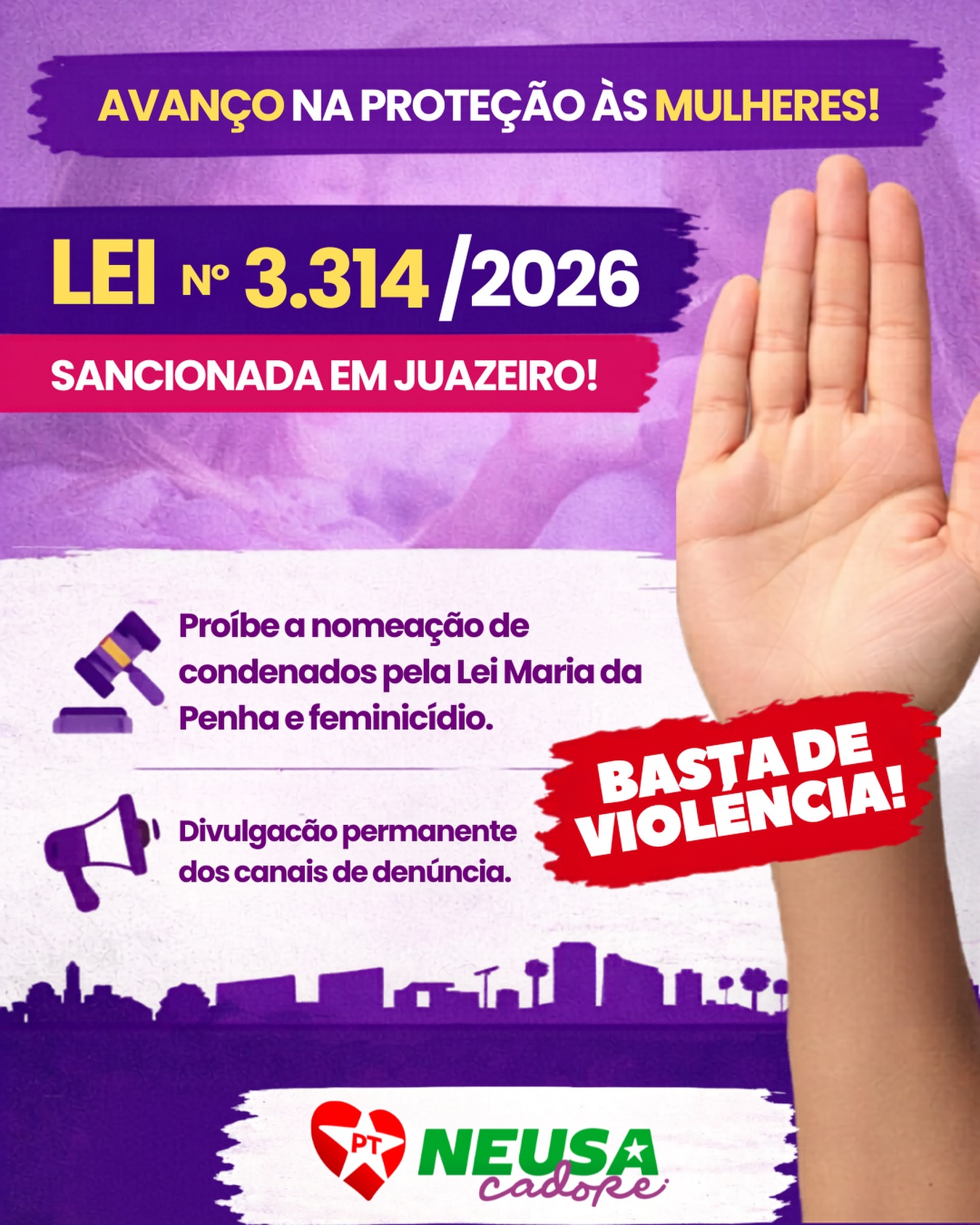 Hoje, o município de Juazeiro dá um passo firme no enfrentamento à violência de gênero com a sanção da Lei nº 3.314/2026, que proíbe a nomeação de pessoas condenadas pela Lei Maria da Penha e por feminicídio para cargos públicos, além de instituir ações permanentes de conscientização e divulgação dos canais de denúncia .
Uma iniciativa que demonstra compromisso real com a vida das mulheres, fortalecendo políticas públicas que promovem respeito, segurança e justiça.
Parabéns ao Governo Municipal, na pessoa do prefeito @andreigoncalvesjua, pela sensibilidade e responsabilidade na condução dessa pauta tão necessária. E um reconhecimento especial à secretária de Mulheres e Juventude, @ericadoenxame, pelo trabalho dedicado na defesa dos direitos das mulheres.
Seguimos avançando, com coragem e compromisso! 💜