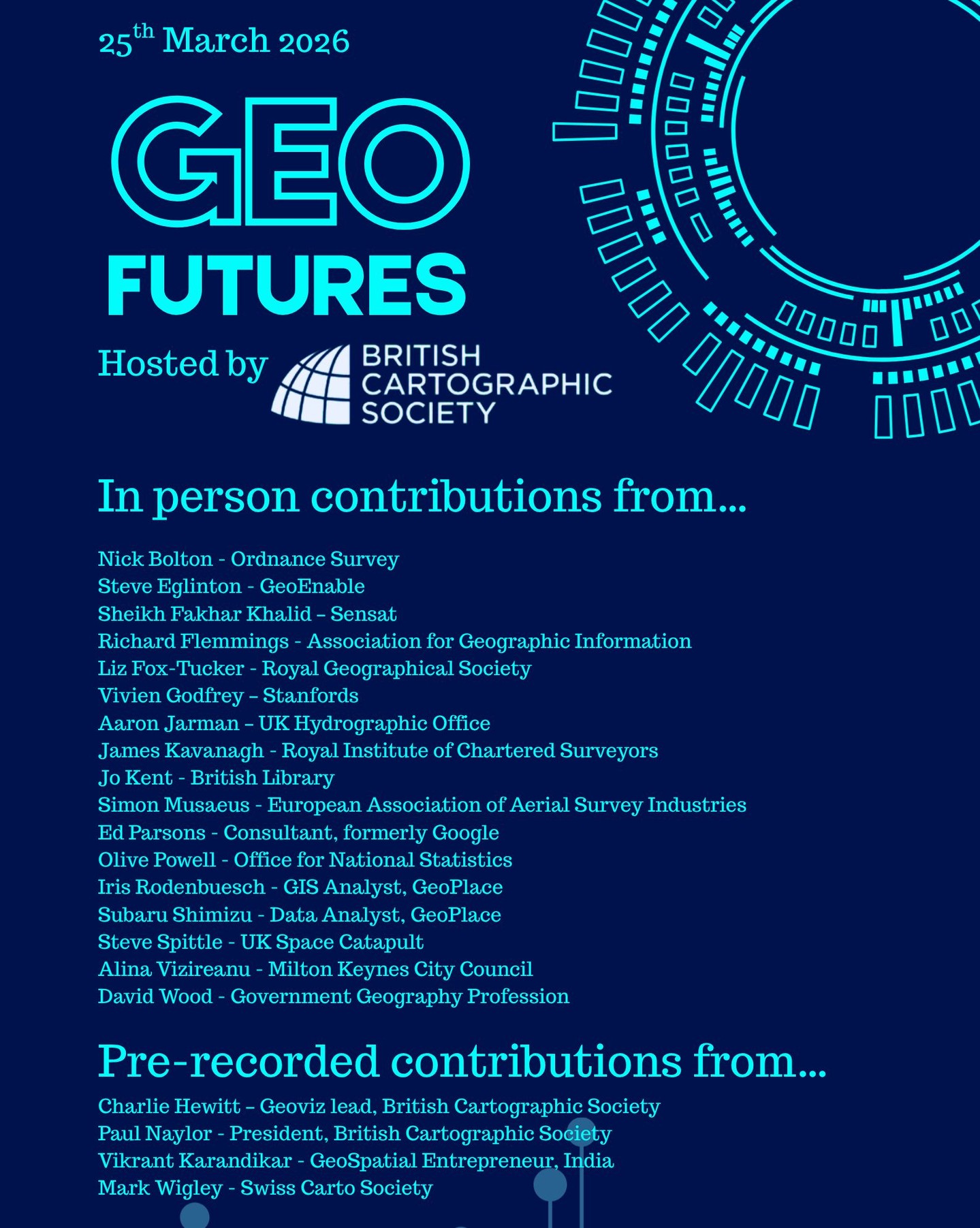 We’re getting a head start by thanking all these amazing contributors who are helping today - whether that’s with a short video, running a workshop, speaking live at the event, and of course to all our BCS volunteers who help run these events.
—-
If you’re not able to make the day in person, follow our YouTube channel for updates and how to participate.
https://lnkd.in/er9UY-6G
#geofutures #geoviz
