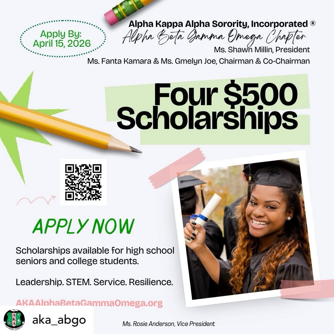 aka_abgo 🎓💗 Investing in the Future Scholarships Now Open!💗🎓
Alpha Kappa Alpha Sorority, Incorporated® Alpha Beta Gamma Omega Chapter is proud to support the next generation of leaders, scholars, and change-makers! We are now accepting applications for our 2026 Scholarship Program awarding four $500 scholarships to outstanding high school seniors and college students.
✨ Do you know a student who exemplifies Leadership, Service, STEM excellence, and Resilience? Encourage them to apply today
📅 Deadline: April 15, 2026
🔗 Apply here: AKAAlphaBetaGammaOmega.org
Together, we uplift dreams, empower futures, and invest in tomorrow. 💚💗
#AKAServes #ScholarshipOpportunity #InvestInTheFuture #EducationMatters #BlackExcellence AKA1908 ScholarshipSeason