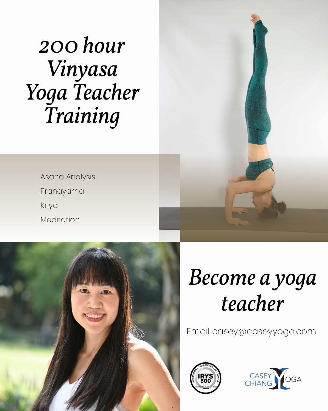 Transform and Inspire. Expand your voice. Deepen your understanding of yourself and the practice.
My 200‑hour Vinyasa Yoga Teacher Training returns July–October 2026 — a journey through asana, pranayama, meditation, philosophy, anatomy, teaching skills, and deep self‑discovery.
If you’re ready to grow, to be challenged, to be supported, and to reconnect with your purpose as a student and teacher of yoga, this training is for you.
Early bird available until end of April.
Email to apply: casey@caseyyoga.com