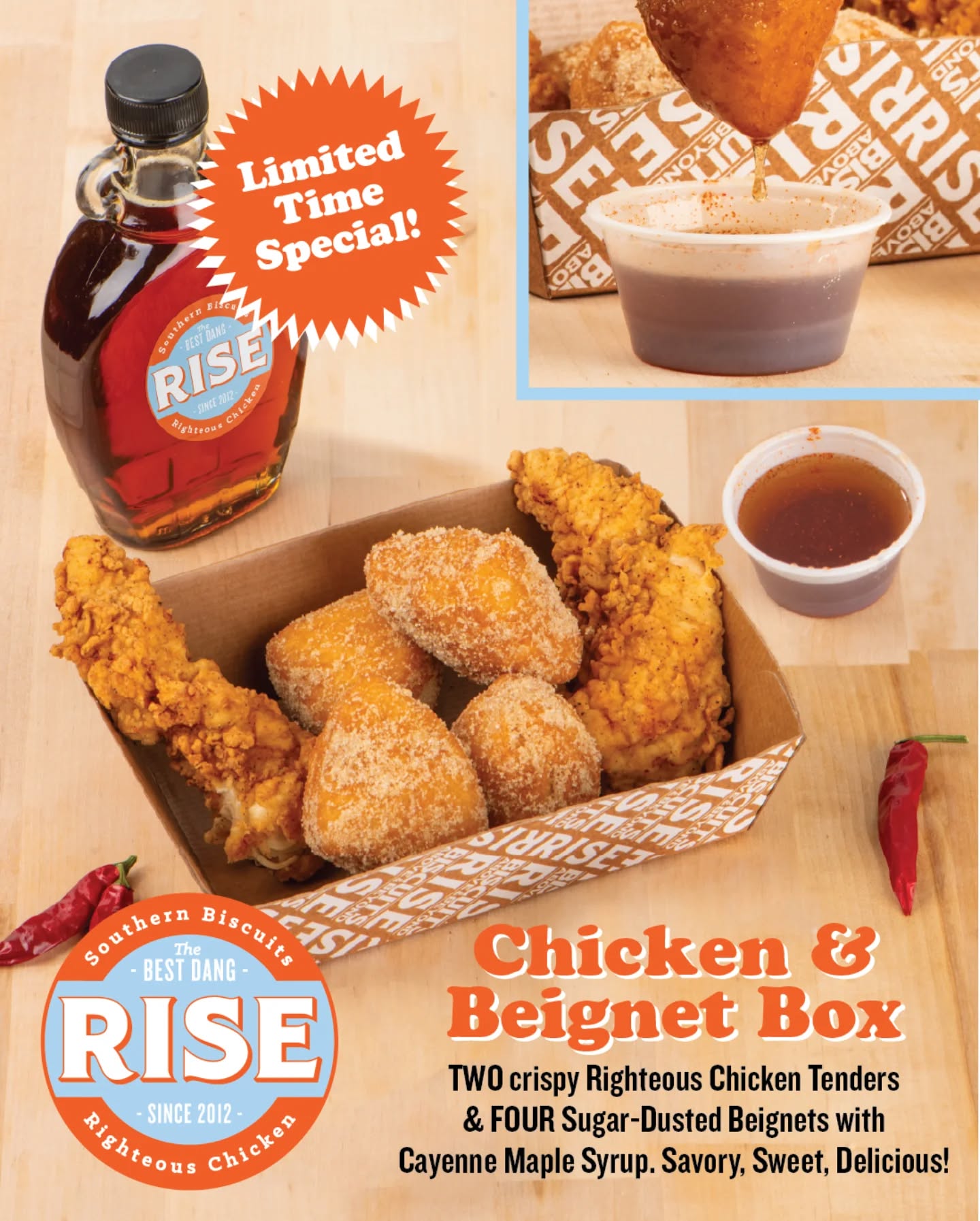 Mmmmm savory AND sweet combine in this limited time offer! Crunchy chicken and delicious beignets? Yes please! Come visit Rise Southern Biscuits & Righteous Chicken in Carytown Exchange.