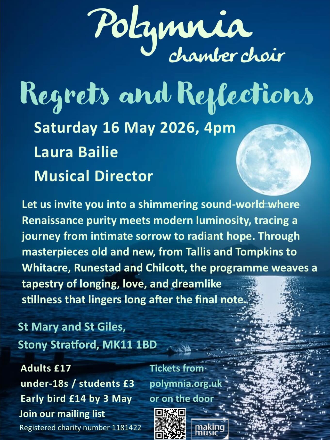 Early bird tickets available now for our upcoming concert ‘Regrets and Reflections’ To be held at St Mary’s and St Giles Stony Stratford. On May 16th at 4pm. With our guest musical director @lauraa_bailie Featuring music from Tallis to Jake Runested. Hear Polymnia’s voices at their purest completely unaccompanied.
Contact Polymnia.org for tickets.