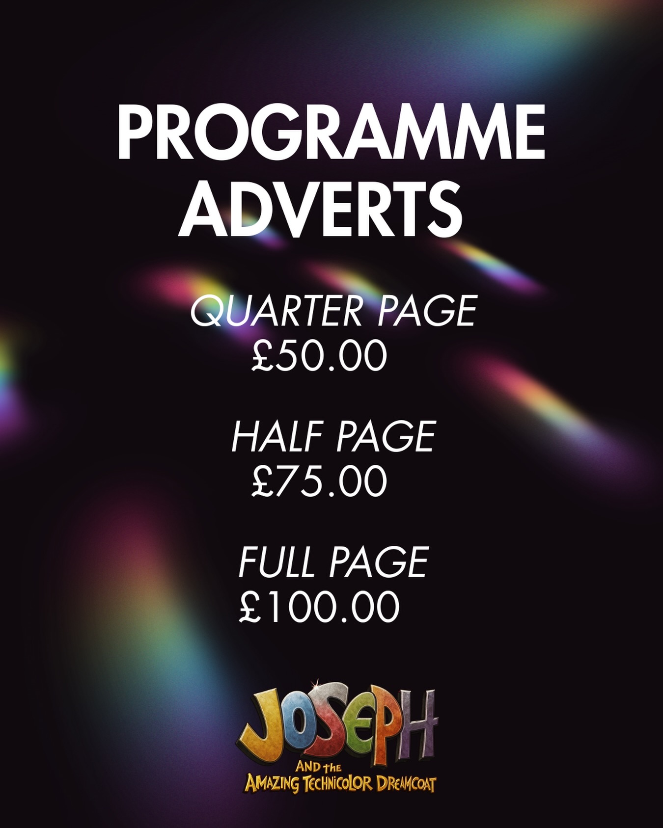 LOCAL BUSINESSES - ADVERTISE WITH US!🎭
Are you a local business? Here’s your chance to be seen by our incredible audiences at our upcoming production of Joseph and the Amazing Technicolor Dreamcoat!
With audiences of up to 750 people across three performances, this is a fantastic opportunity to promote your business while supporting the local theatre scene.
Programme Advert Prices:
Quarter Page - £50
Half Page - £75
Full Page - £100
🗓 Artwork deadline: 1st April 2026
To book your advert, contact us today:
📧 hello@copperstudios.co.uk
#josephandtheamazingtechnicolordreamcoat #supportlocaltheatre #performingarts