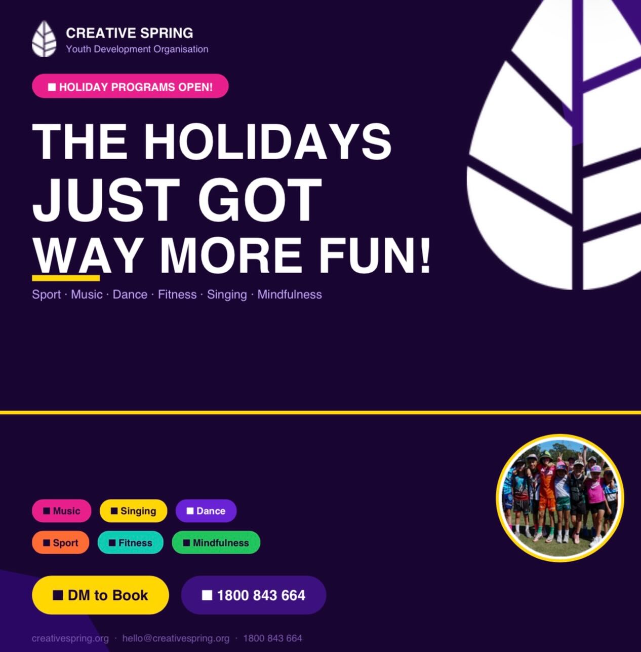 The holidays just got a whole lot more exciting for young people in your community 🎉
Creative Spring partners with schools, OOSH services and community organisations to deliver a full holiday program — sport, music, singing, dance, fitness and mindfulness — all at your venue, on your dates.
If you run programs for young people, we’d love to chat. We handle the design, the facilitation and everything in between.
You just open the doors.
📩 DM us to find out how we can work together
📞 1800 843 664
✉️ hello@creativespring.org
Parents — know a school, OOSH or community centre that would love this? Tag them below or share this post their way
#CreativeSpring #HolidayProgram #OOSHprogram #SchoolHolidays