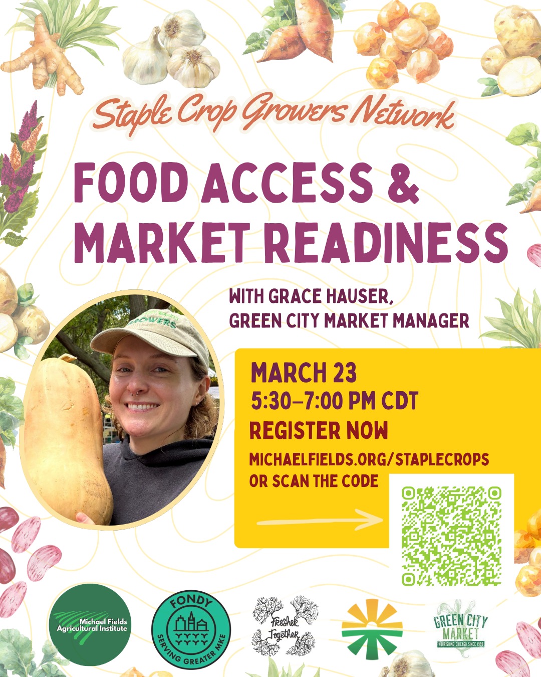 Looking to expand into new markets?
Join us for a free virtual community call on Food Access & Market Readiness THIS MONDAY, March 23 at 5:30 PM CDT.
Guest speaker Grace Hauser, Market Manager at @greencitymarket City Market, will share practical strategies for getting your crops into more communities. Learn what to expect when applying to markets, plus tools and resources to help you get started.
Come ready with your questions and connect with fellow growers and food system partners from across the region.
Staff from @michael_fields_ag, @miffs_michigan, @fondymarkets and @freshertogether will also be there to share upcoming opportunities and USDA programs that may support your farm business.
This event is free, but registration is required:
michaelfields.org/event-list
Can't make it live? Sign up anyways and we'll send you the recording!