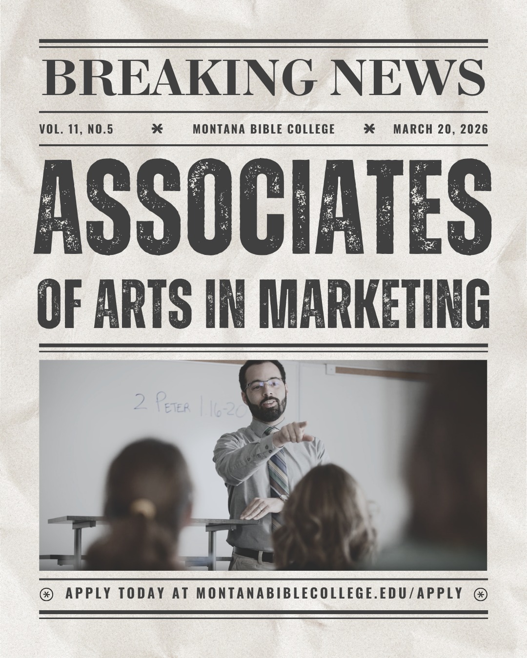 Come explore MBC's new degree path, the Associates of Arts in Marketing!🎓️
Built on a strong foundation, the Associate of Arts in Marketing starts with core courses designed to deepen your understanding of Scripture and strengthen your walk with Christ. You’ll explore biblical principles that shape a solid worldview, grow through intentional discipleship, and gain a meaningful introduction to business and marketing.
Apply TODAY!👇
🔗 https://www.montanabiblecollege.edu/associates
#montanabiblecollege #mbc #biblecollege #christiancollege #college #montana #associates #marketing