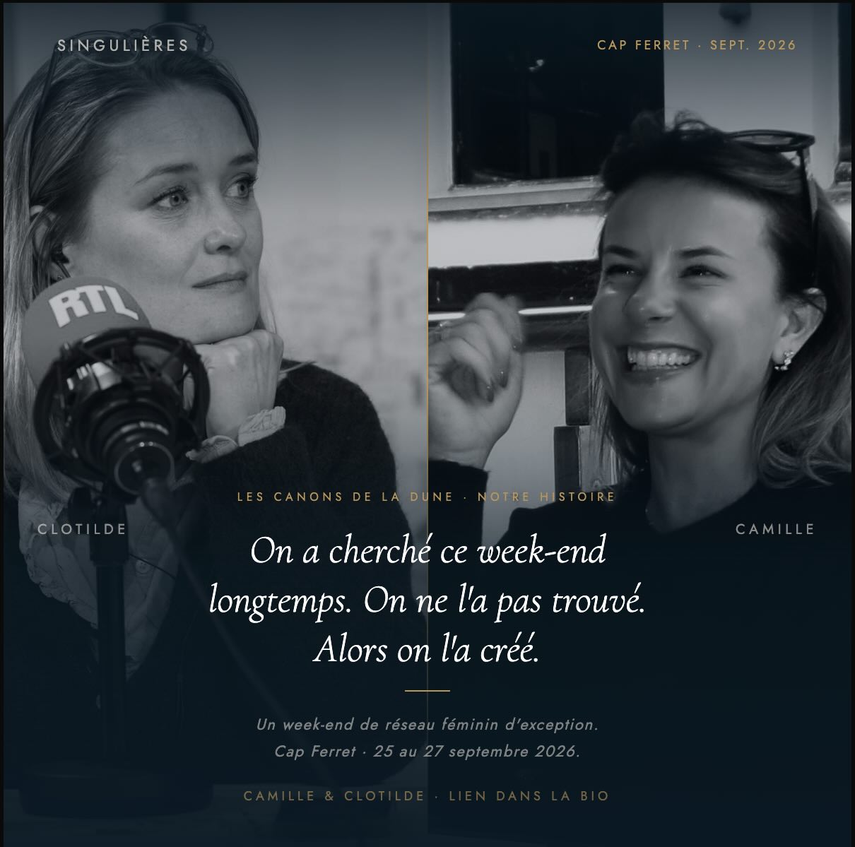 Un samedi pluvieux, un café, et une conversation qui a tout changé.
Clotilde et moi étions là, à refaire le monde comme on sait le faire. Nos vies bien remplies, nos agendas surchargés, nos familles qu’on aime. Et cette petite voix qu’on n’écoute pas assez : quand est-ce qu’on prend le temps, nous ?
Pas le temps de gérer, d’organiser, de produire. Le temps de poser nos idées, nos envies, nos rêves. De voir le temps s’écouler. De rencontrer des femmes qui nous ressemblent, qui ont des choses à dire, qui ont envie de rire, de créer, de s’inspirer et de se reposer vraiment.
On a imaginé le lieu. Grand. Luxueux. Reposant. On entendait les rires, on voyait le Bassin, on sentait le champagne, les repas qui durent, le corps qui s’étire, les idées qui se déploient.
On a cherché ce week-end longtemps.
On ne l’a jamais trouvé.
Alors on l’a créé.
Les Canons de la Dune. Cap Ferret. 25 au 27 septembre 2026.
Un week-end de réseau féminin d’exception. Des connexions humaines et professionnelles qui continuent bien après. Parce que les meilleures rencontres ne s’arrêtent pas le dimanche soir.
La liste d’attente est ouverte. Lien dans la bio. 🔗
Camille & Clotilde · Singulières
.
.
.
#lescanonsdeladune #singulieres #weekendfeminin #reseaufeminin #capferret bassinarcachon femmesinspirees entrepreneuresfeminines bienetre developpementpersonnel femmes luxe retraite connexion amitie