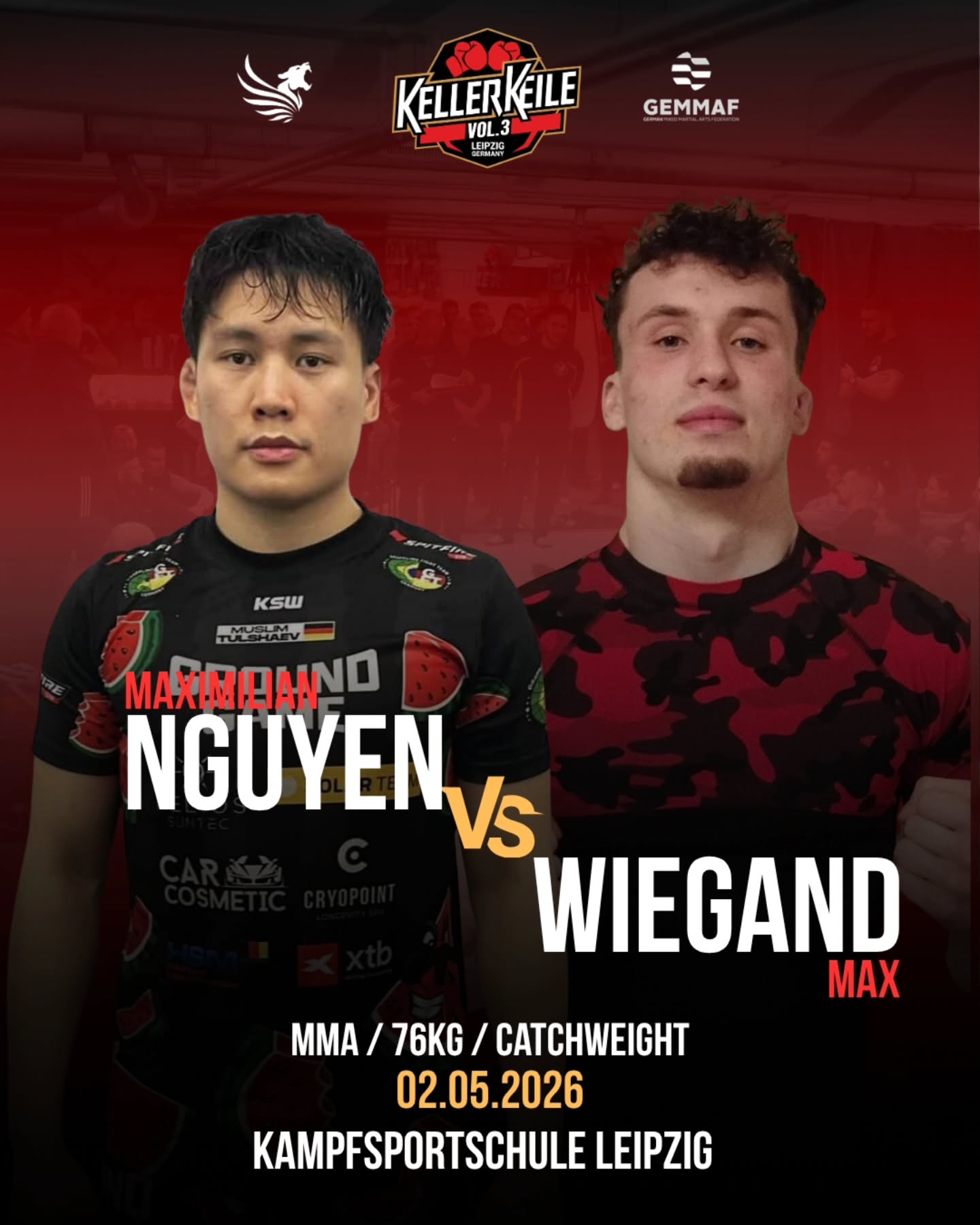 NGUYEN VS. WIEGAND
Und der nächste Kampf im MMA🚨
Max Wiegand von @wingrevolution_bad_doberan steigt erneut bei uns in den Käfig und kämpft gegen Maximilian Nguyen aus dem @spitfiregym_berlin🥊
Die Kämpfer haben sich auf ein Catchweight von 76kg geeinigt🔥
Seid live bei den Kampf dabei!
Anmeldungen und Tickets unter👇
https://www.kellerkeile.de/
📍Kampfsportschule Leipzig
🗓02.05.2026
#mma #fightevent #fighting #mixedmartialarts
#events