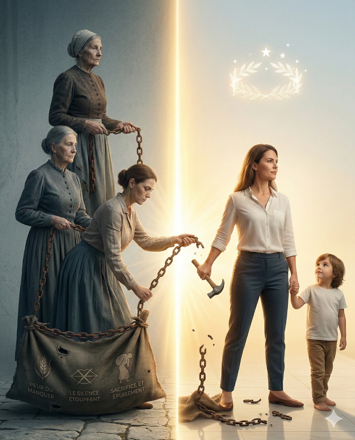 On hérite de la couleur des yeux, de la forme du visage... mais aussi des chagrins non guéris.
Ce sac qui passe de main en main, c'est l'héritage invisible de votre lignée.
C'est la peur de manquer de votre arrière-grand-mère.
Le silence étouffant de votre grand-mère.
Le sacrifice et l'épuisement de votre mère.
Elles vous l'ont transmis sans le vouloir.
Par loyauté, par habitude, ou simplement parce qu'elles n'avaient pas les outils pour s'en libérer à leur époque.
Et vous, enfant, vous l'avez pris.
Mais aujourd'hui, la chaîne peut s'arrêter avec vous.
Rompre un cycle familial douloureux n'est pas une trahison.
C'est le plus grand acte d'amour que vous puissiez poser.
Jeter ce sac, ce n'est pas rejeter vos ancêtres.
C'est refuser que votre propre enfant ait à porter ce fardeau qui ne lui appartient pas.
C'est choisir de lui transmettre une couronne de liberté plutôt qu'un poids de douleur.
C'est très exactement ce que l'on fait en Constellation Familiale.
On regarde ce sac.
On honore celles et ceux qui l'ont porté avant nous.
Et on le leur rend, avec respect, pour que l'on puisse enfin avancer le dos léger et libérer la génération suivante.
Vous avez le pouvoir de changer la fin de l'histoire.
Prêt(e) à déposer le sac ?
➡️ Le lien pour découvrir les Constellations (en groupe ou en individuel) est dans ma bio.
Si tu me découvres, je suis Elisabeth Barget, thérapeute en libération émotionnelle et comportementale depuis plus de 10 ans. Mon approche est directe, bienveillante et sans détour : je t'aide à te délester du poids du passé pour transformer ta vie. Abonne-toi pour continuer le chemin ensemble.